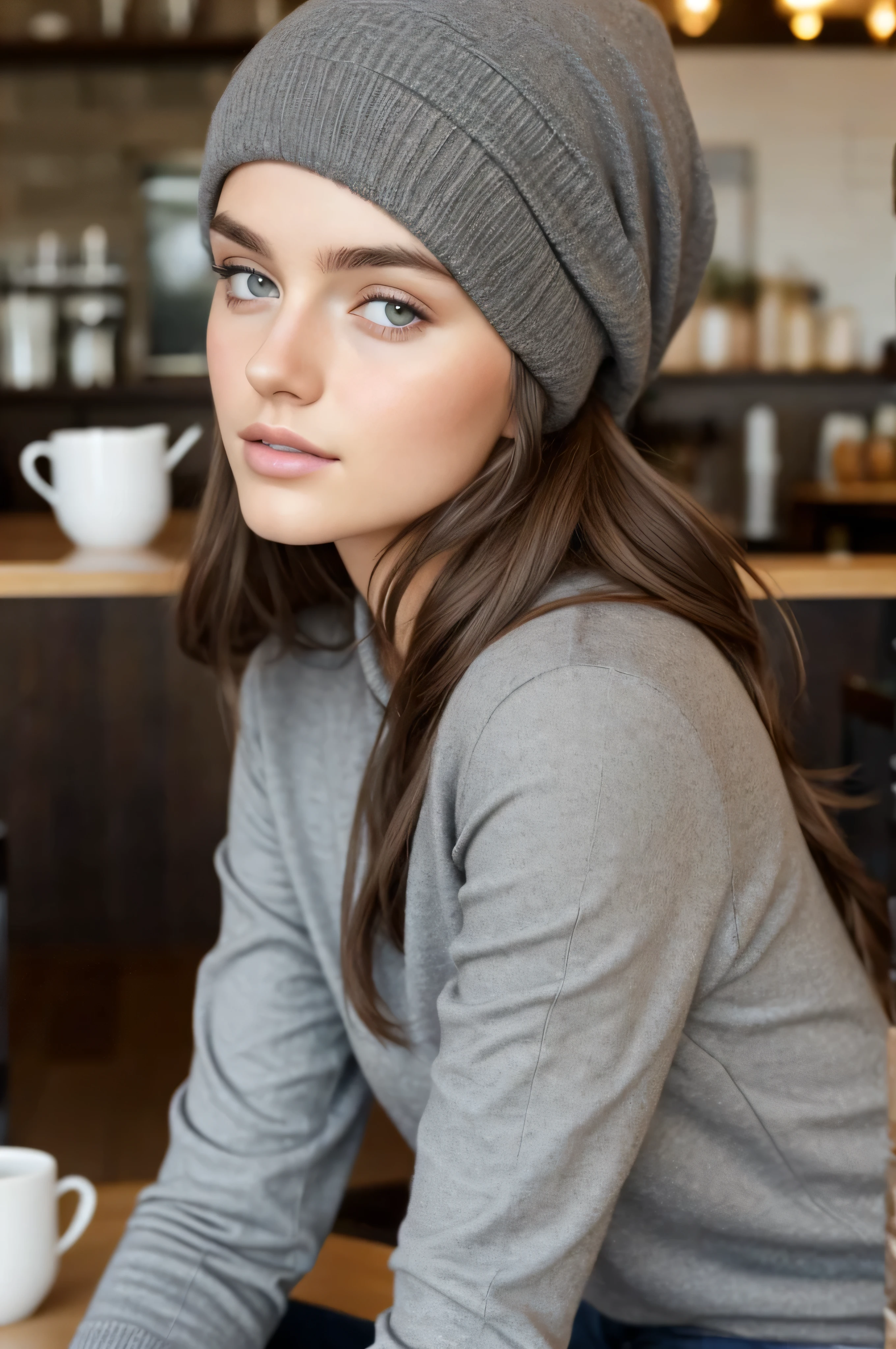 1 fille dans, 19 ans, Seulement, Aesthetic work, Brune irlandaise, wavy brown hair, cheveux bruns mi-longs, yeux gris, yeux gris clair, quelques petites taches de rousseur, pale skin, Bonnet B, seins de taille moyenne, pull-over, clivage, pale, ombres dures, Beau corps, detailed skin texture, sitting in a cafe, Next to'a table with coffee cups, souriant, ambiance chaleureuse, ambiance hivernale, Low lighting, les gens derrière regardent, (fond d'extremely detailed 8K display), soft lighting, High quality, Grains de films, Mise au point nette du Fujifilm XT3, f5.6, 50mm, high detail, Sharpness, (natural light), beau corps, crazy details, Intricate details, super detailed, SFW