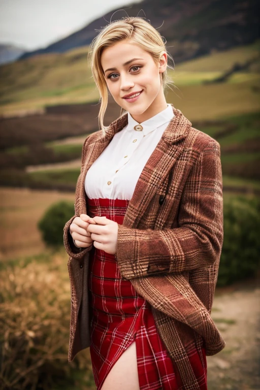 Lili Reinhart dressed in traditional Welsh clothing and smiling sexy