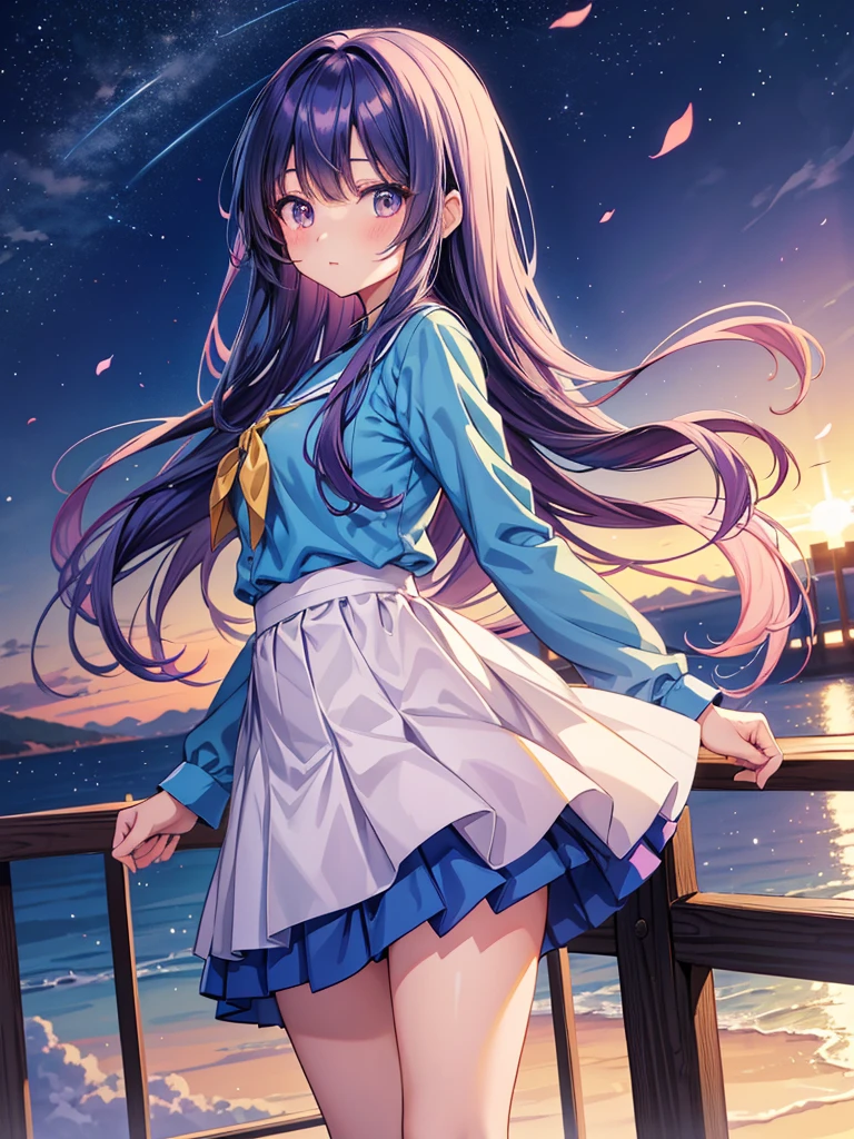 anime girl with long hair and blue shirt and skirt posing, an anime drawing inspired by Yuki Ogura, pixiv, tachisme, beautiful anime high school girl, ecchi anime style, cute anime girl, seductive anime girl, pretty anime girl, anime moe artstyle, anime girl with long hair, anime best girl, beautiful alluring anime teen