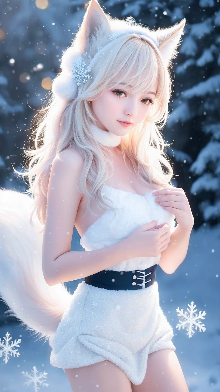 (Raw photo:1.2), (Realistic:1.4), (highest quality:1.4), (超A high resolution:1.2), (Very detailed:1.3), (nffsw:1.2), (Cinematic lighting:1.3), (eye), (snow:1.2). ), Cute fox, Are standing, (3/4. Portrait: 1.2), (Hairy tail: 1.2), (Soft fur: 1.2), (Cute: 1.2), (Gazing at the audience), (Innocent look), (Soft Light), (dream), (Half naked: 1.3), (Ethereal: 1.3), (magic: 1.2), (Snowflake: 1.2), (Winter Wonderland: 1.3), (Whimsical: 1.2), (fun: 1.2), bust, alone