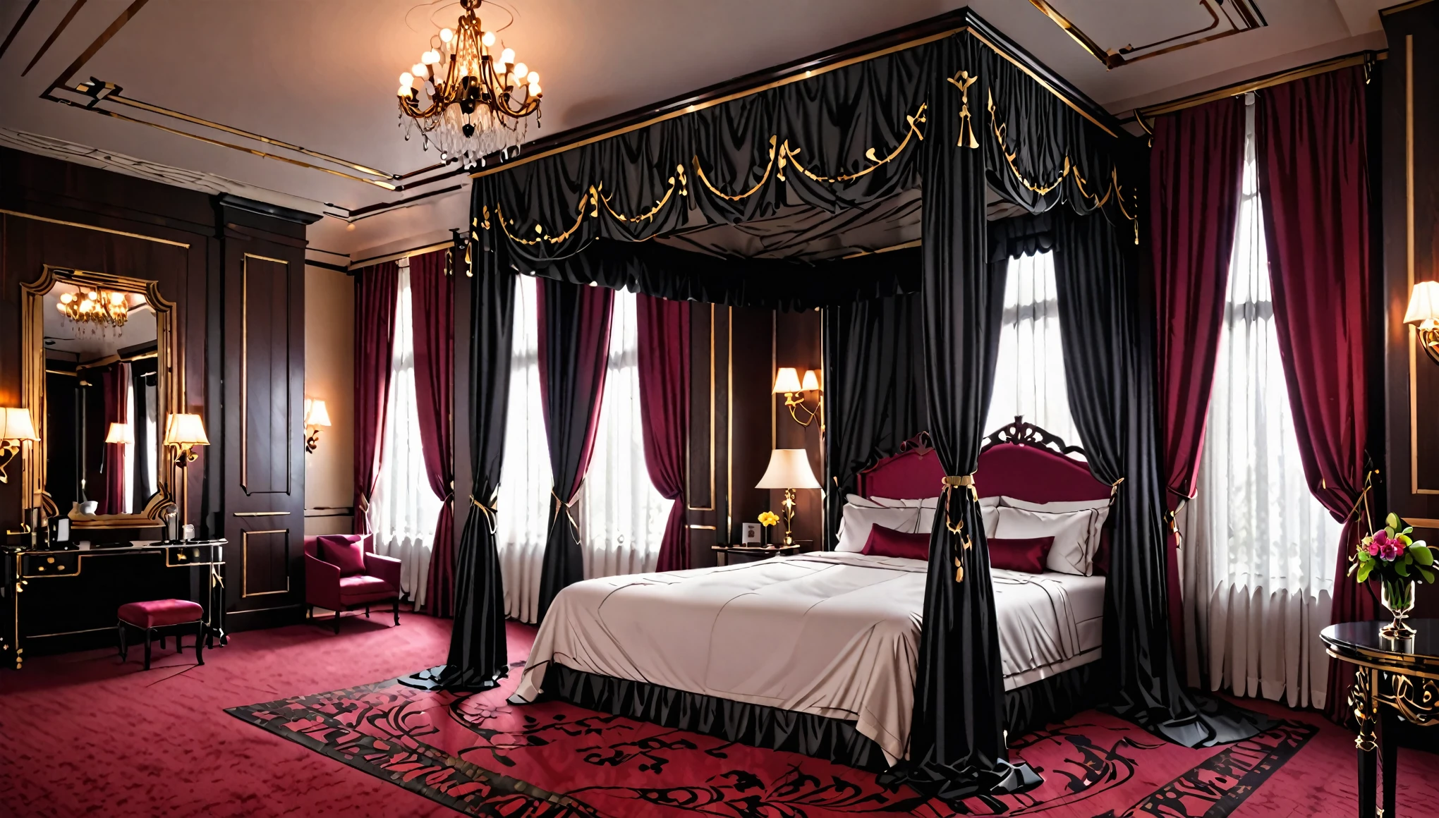 luxurious hotel room, four post bed, silk, curtains, opulent, elegant, dark, bar,