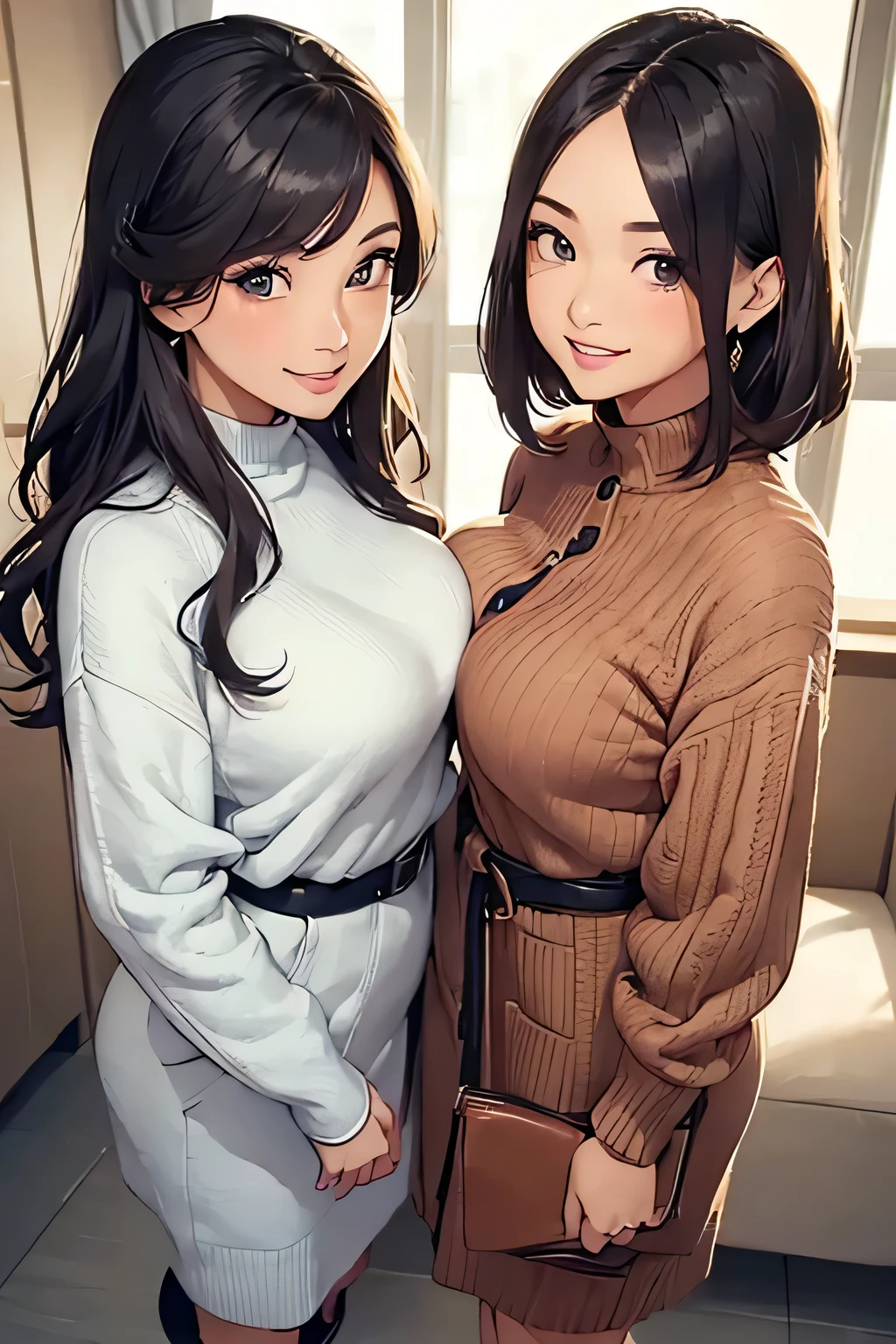 Two cute girls in knitted sweaters are kissing passionately。。.Rich deep kiss,They are both very cute,Enraptured look,Sweaty skin,smooth hair,Accurately drawn face,Rut,abundant、give someone a massage'Chest,Beautiful shoulders,erectile nipple,Lustrous thighs,tre anatomically correct,perfectly proportions,Precise fingers,off-shoulder large knit dress,pantiy,erotick,masterpiece,hiquality,in a room with a fireplace,