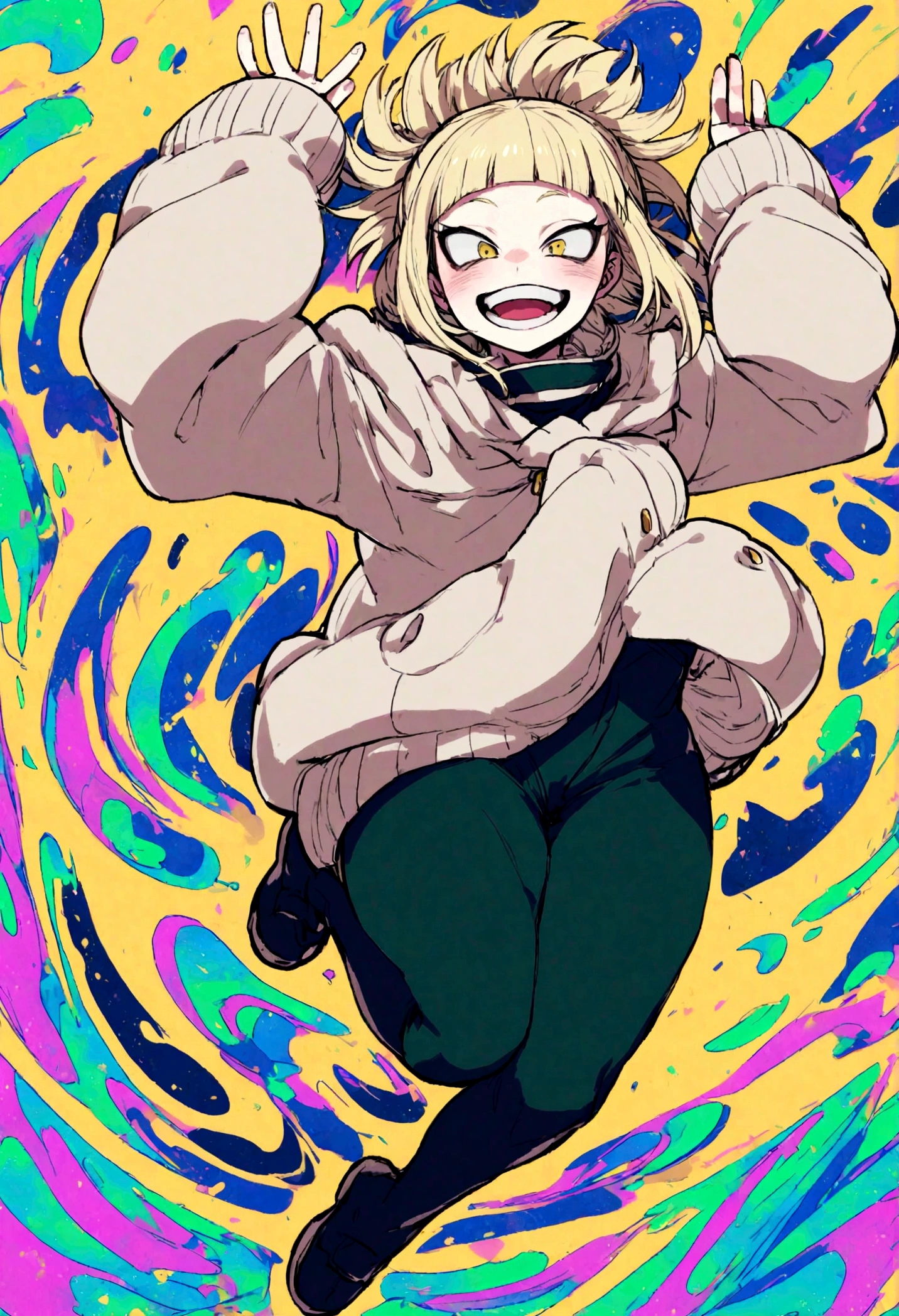 toga from my hero academia, full body jumping, happy face, cute face.