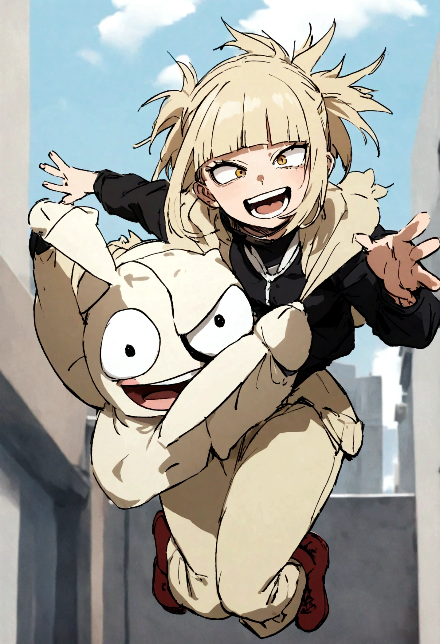 toga from my hero academia, full body jumping, happy face, cute face.