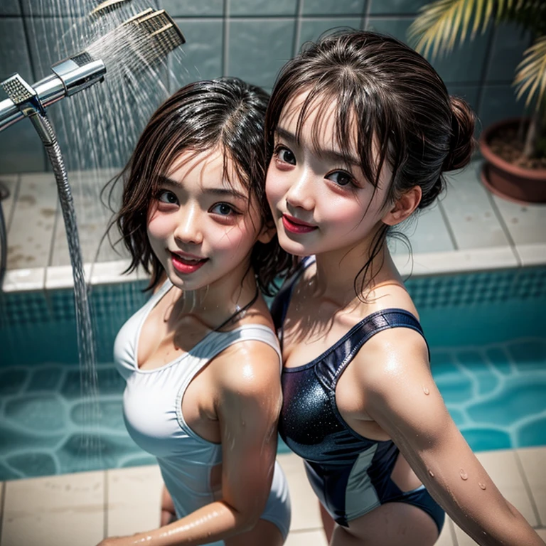 SFW, (Snapshot of girls having fun, open shower room by the pool), Braid hair, With bangs、(School Swimwear), the body is covered with juice、Sweating、be sweaty、Wet pearl skin, ((Wet swimsuit)), Perfect Lighting, Clear Focus, (bokeH:1.4), Roundly butts, { (shower:1.4) | (Kissing face to face) | Overflowing Gigantic sideboob | Butt cruck | (from above:1.4) }, hidden hands . BREAK (NOGIZAKA girls)  ((Extremely Detailed very KAWAII face variations)), perfect anatomy, Childish, captivating gaze, elaborate detailed Eyes with (sparkling highlights:1.28), long eyelashes、Glossy RED Lips with beautiful details, Coquettish tongue, Rosy cheeks . { (Dynamic joyful expressions) | (:d) }, (no large eyes) . (close-up:1.28)