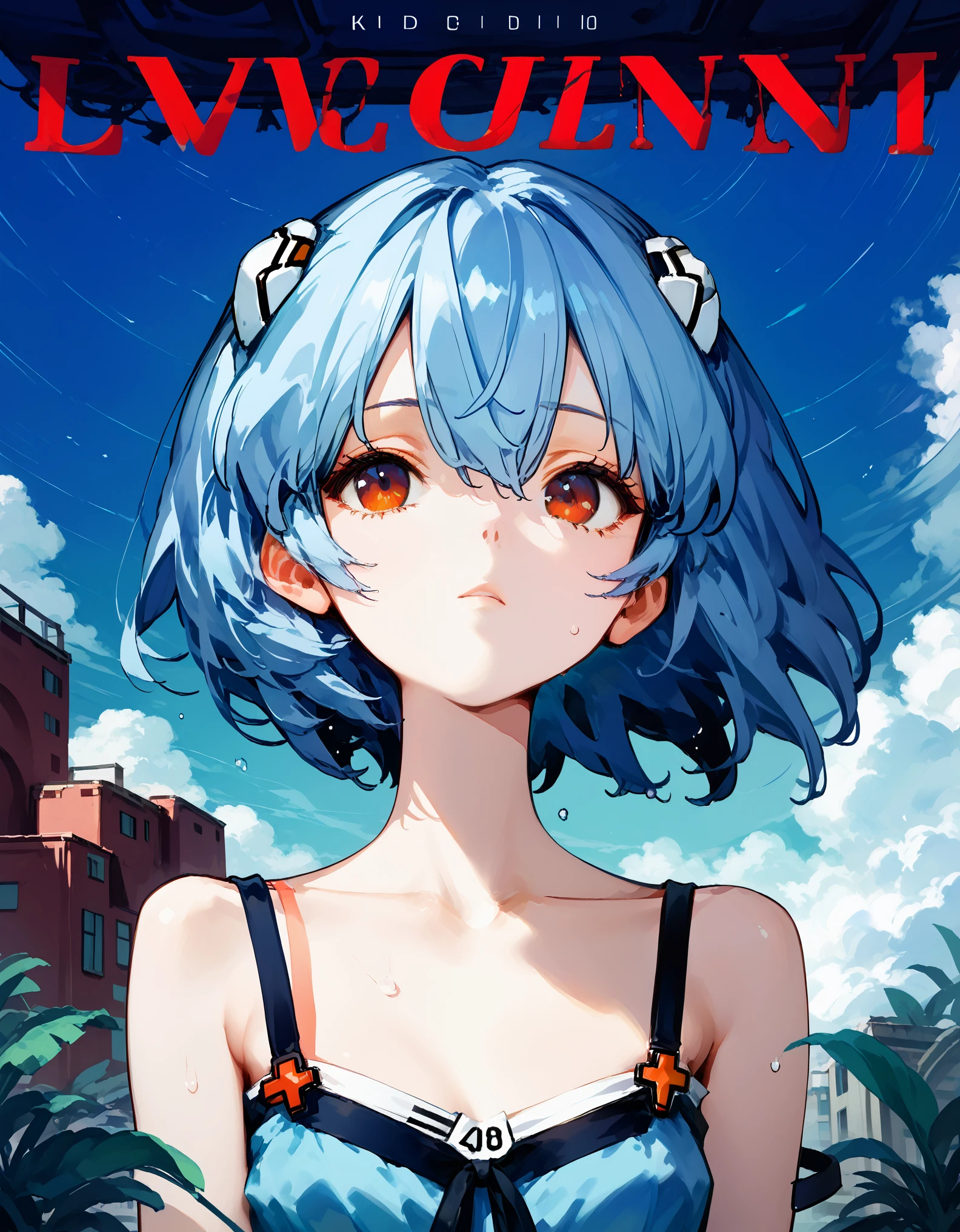 score_9,score_8_up,score_7_up,score_6_up,score_5_up,very strong contrast,dramatic Lighting,very high detailed,very gorgeous and complicated background,8k,4k,highres,hadrian,sidelighting,straight-on portrait,ayanami rei,slender face,exhausted,blue sky,white cloud,destroyed building,expressionless,vignetting,magazine cover,neon genesis evangelion,dress,(strap slip),wet,head up,single tear,light blue hair,hair ornament,