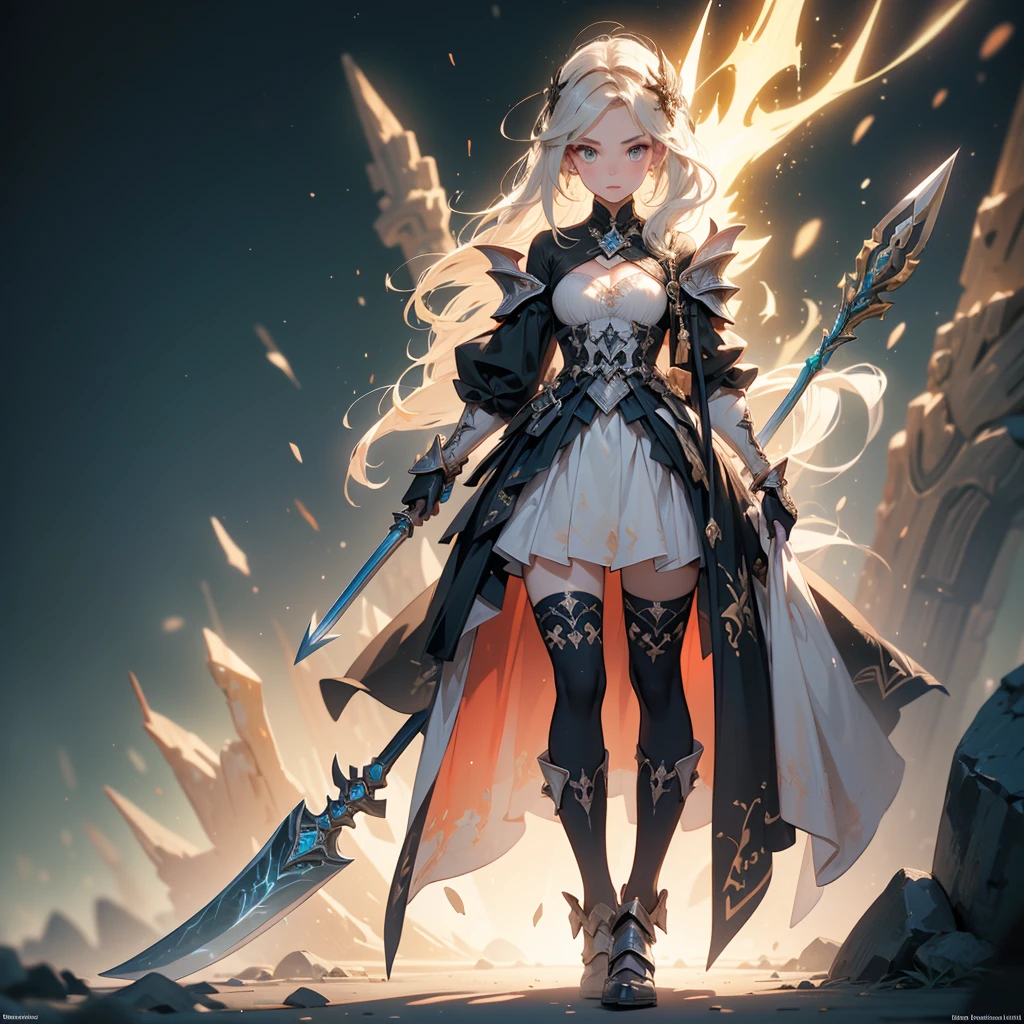 Design a layout showcase Gaming character, (1girl). Golden+Purle clothes, stylish and unique, ((showcase weapon:1.4)), magic staff, (masterpiece:1.2), (best quality), 4k, ultra-detailed, (Step by step design, layout art:1.5), (luminous lighting, atmospheric lighting), magican, ((glove full hands)), (((revealing clothes:1.3))), vambraces, armored legwear, (((full_body_shot:1.4)))