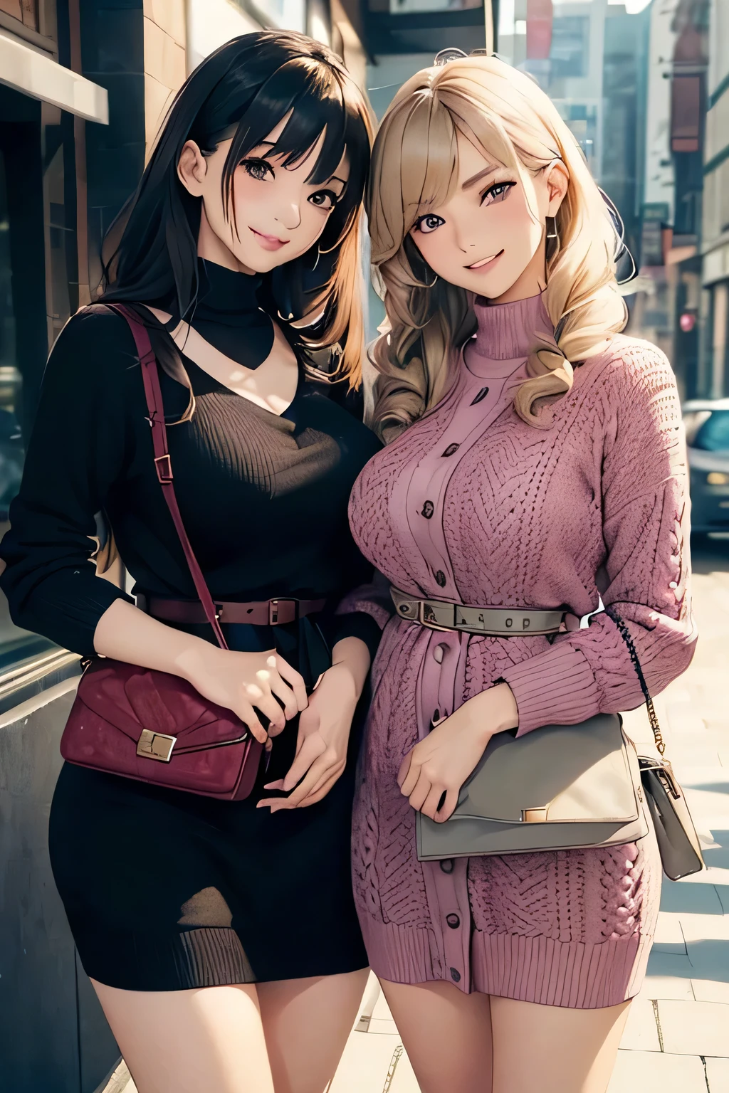 highest quality、High resolution、Detailed Background、(Beautiful face in every detail:1.4)、Anatomically correct、(Detailed facial expressions)、(Detailed eyes:1.2)、(Detailed eyes:1.2)、Beautiful women in their 30s、(Highly detailed face:1.4)、(Huge breasts:1.1)、Bobcut、Braided long hair、Wavy Hairstyle、well-groomed eyebrows、Business district、cute gesture、(Two beautiful women looking at you with big smiles:1.5)、Smiling、
Ladylike knitted dress style、Choose a midi-length knit dress、
Wear a long wool cardigan on top and a belt around the waist to accentuate the silhouette.、Pair your feet with tall boots or loafers and accentuate your look with a small clutch bag.、cute
