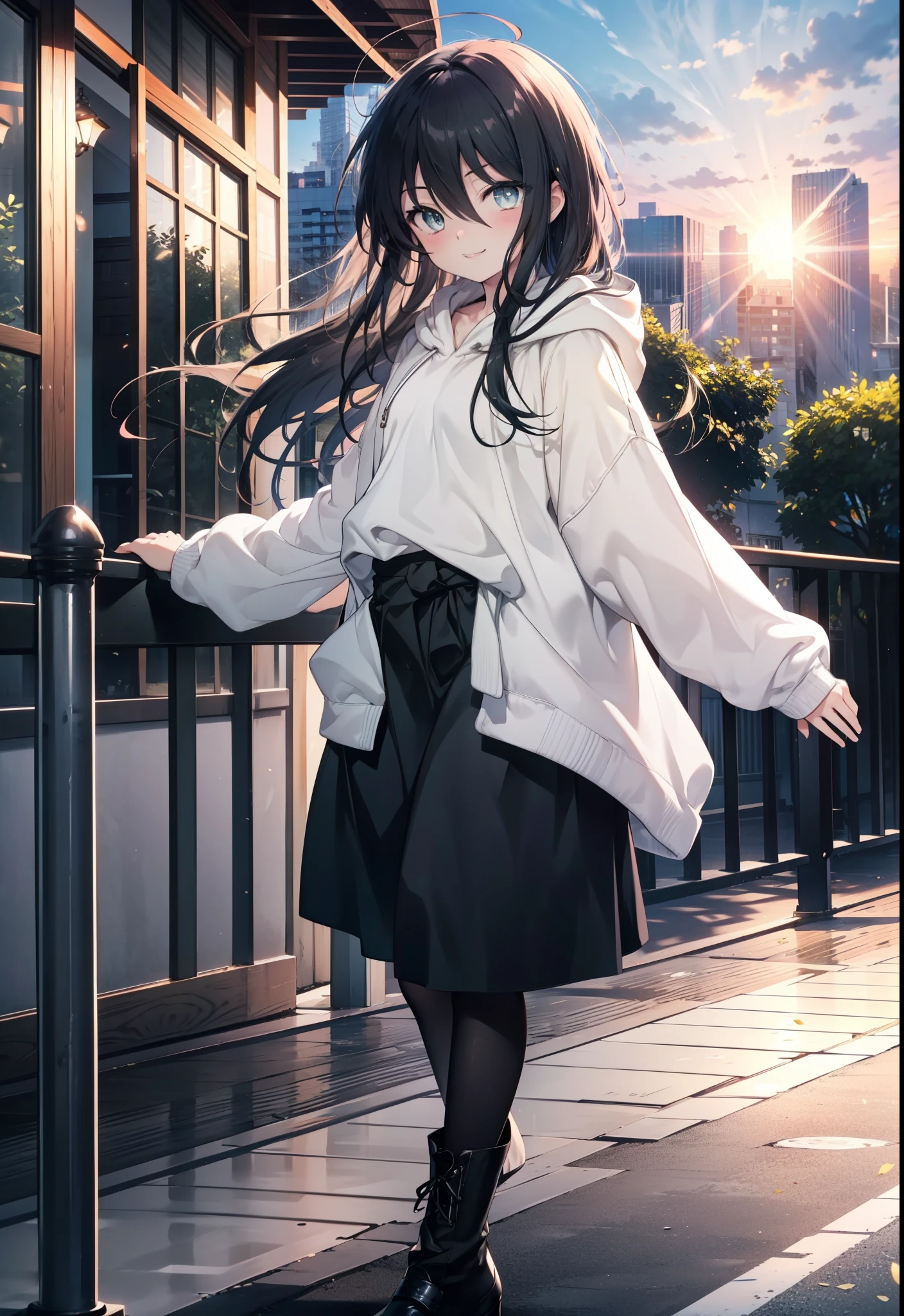 Shana,灼眼のShana,Ahoge,Long Hair,Black, Iris, Small breasts,happy smile, smile, Close your mouth,blush,Oversized hoodie,Black long skirt,Black pantyhose,short boots,walking,morning,morning陽,The sun is rising,whole bodyがイラストに入るように,
break looking at viewer, whole body, 
break outdoors, Building district,
break (masterpiece:1.2), highest quality, High resolution, unity 8k wallpaper, (shape:0.8), (Beautiful and beautiful eyes:1.6), Highly detailed face, Perfect lighting, Highly detailed CG, (Perfect hands, Perfect Anatomy),