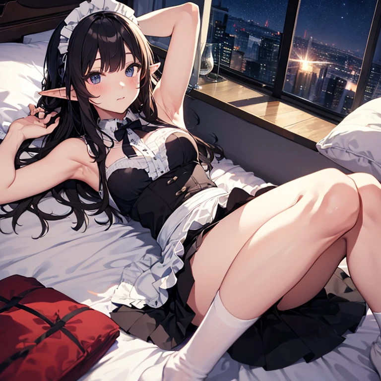 A maids, (in bedroom), various hair styles, night, details face, short skirt, seducing, sleeveless, maid uniform, armpits, elf, laying on bed