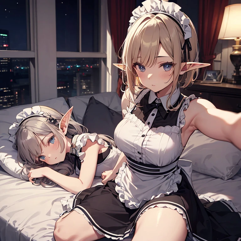A maids, (in bedroom), various hair styles, night, details face, short skirt, seducing, sleeveless, maid uniform, armpits, elf, laying on bed