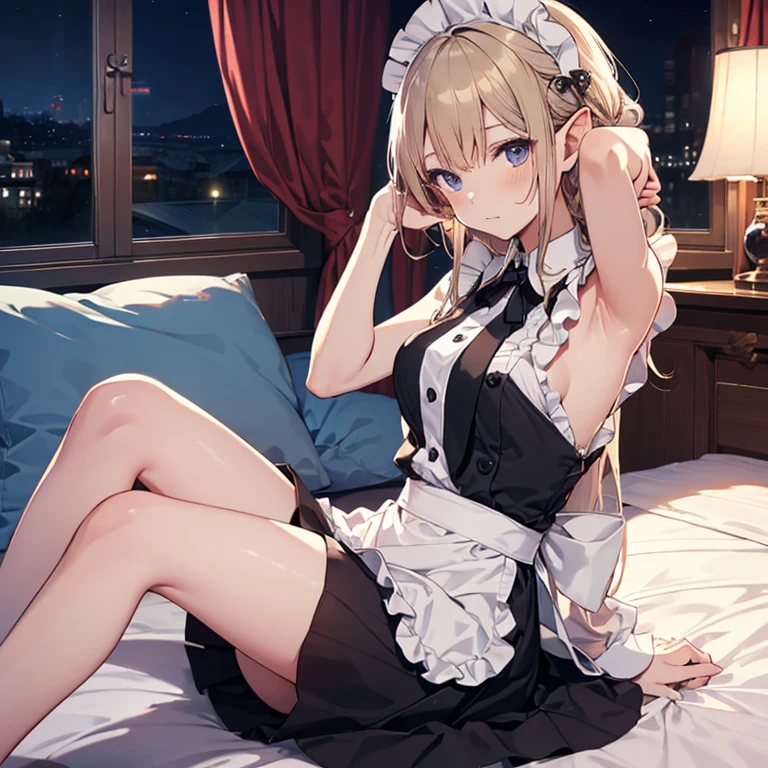 A maids, (in bedroom), various hair styles, night, details face, short skirt, seducing, sleeveless, maid uniform, armpits, elf, laying on bed