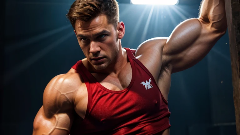 muscular, Bobby Drake, X-Men, red tank top and white pants, black sneakers, detailed facial features, brown hair, brown eyes, realistic lighting, cinematic, dramatic pose, high quality, 8K, photorealistic, chiaroscuro lighting, moody atmosphere, deep shadows, hyper-detailed skin, veiny muscular arms, dynamic action scene