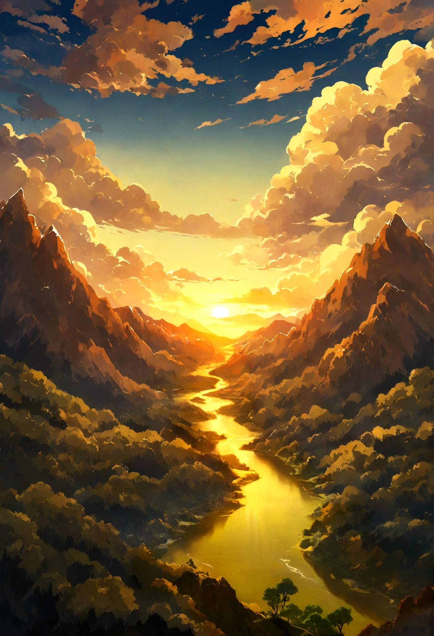 ANCIENT LANDSCAPE OF ANCIENT MOUNTAINS, WITH FORESTS AND RIVERS, AT SUNSET, WITH BLUE SKY AND CLOUDS IN LIVEL AND YELLOW TONES IN THE GHIBLI STYLE. LANDSCAPE APPEARING MORE SKIES AND CLOUDS THAN MOUNTAINS