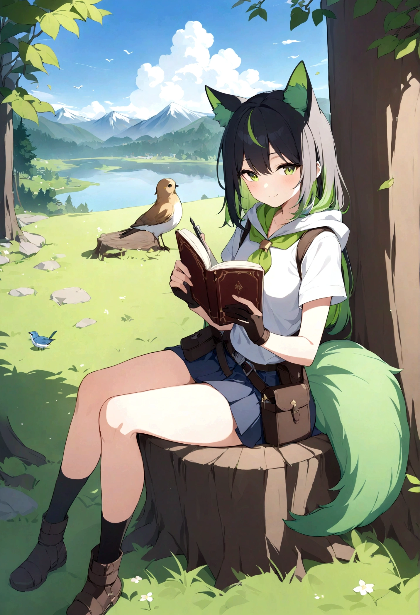 masterpiece, best quality,, 1girl, sitting, animal, animal ears, bird, black_hair, book, bookmark, branch, gloves, grass, green hair, holding, holding book, hood, hood down, leaf, looking at viewer, multicolored hair, open_book, partially fingerless gloves, pen, plant, pouch, quill, reading, sitting, smile, solo, tail, tree, tree stump,, sky, sun, mountain, forest, lake