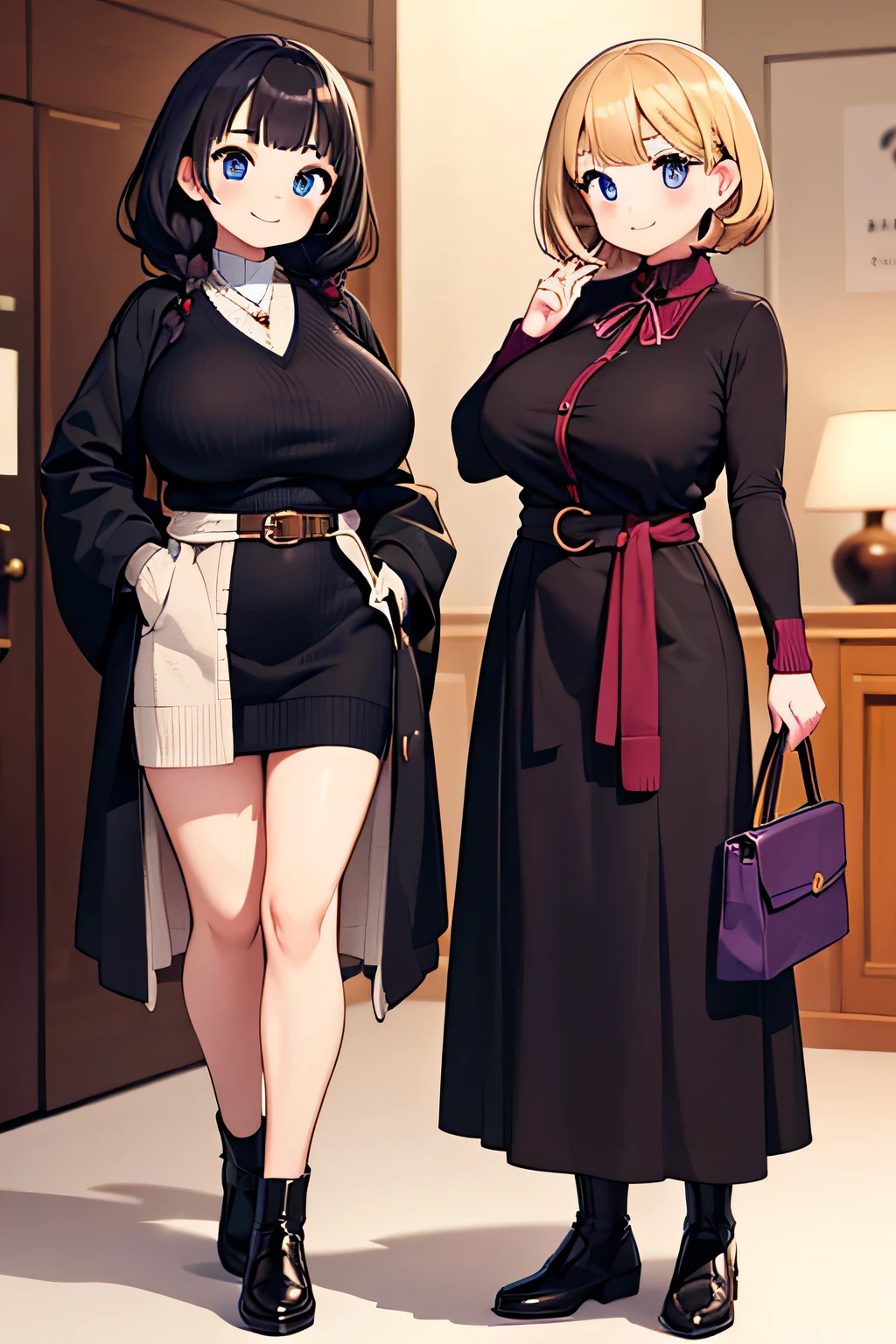 highest quality、High resolution、Detailed Background、(Beautiful face in every detail:1.4)、Anatomically correct、(Detailed facial expressions)、(Detailed eyes:1.2)、(Detailed eyes:1.2)、Beautiful women in their 30s、(Highly detailed face:1.4)、(Huge breasts:1.1)、Bobcut、Braided long hair、Wavy Hairstyle、well-groomed eyebrows、Business district、cute gesture、(Two beautiful women looking at you with big smiles:1.5)、Smiling、
Ladylike knitted dress style、Choose a midi-length knit dress、
Wear a long wool cardigan on top and a belt around the waist to accentuate the silhouette.、Pair your feet with tall boots or loafers and accentuate your look with a small clutch bag.、cute