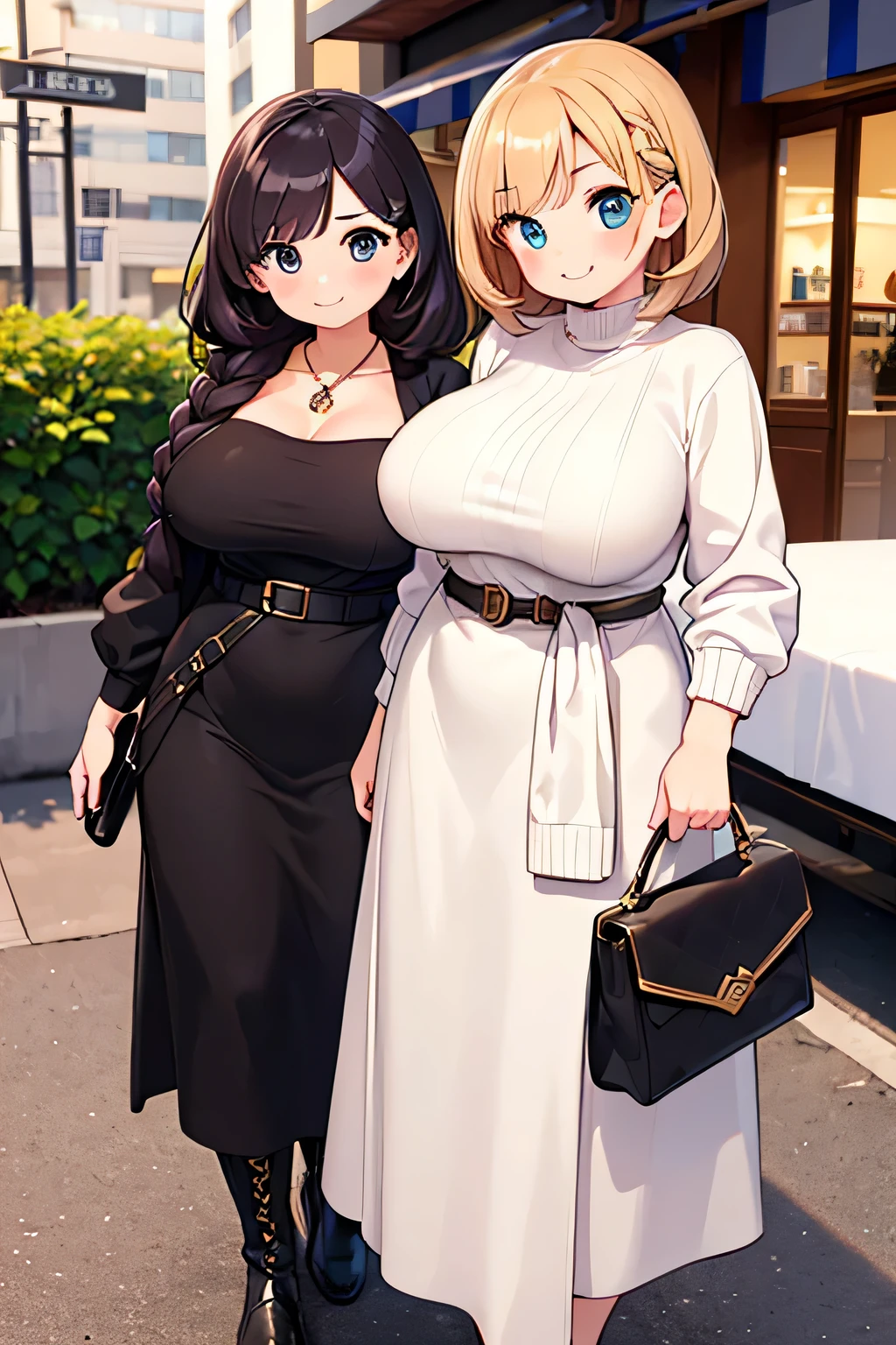 highest quality、High resolution、Detailed Background、(Beautiful face in every detail:1.4)、Anatomically correct、(Detailed facial expressions)、(Detailed eyes:1.2)、(Detailed eyes:1.2)、Beautiful women in their 30s、(Highly detailed face:1.4)、(Huge breasts:1.1)、Bobcut、Braided long hair、Wavy Hairstyle、well-groomed eyebrows、Business district、cute gesture、(Two beautiful women looking at you with big smiles:1.5)、Smiling、
Ladylike knitted dress style、Choose a midi-length knit dress、
Wear a long wool cardigan on top and a belt around the waist to accentuate the silhouette.、Pair your feet with tall boots or loafers and accentuate your look with a small clutch bag.、cute