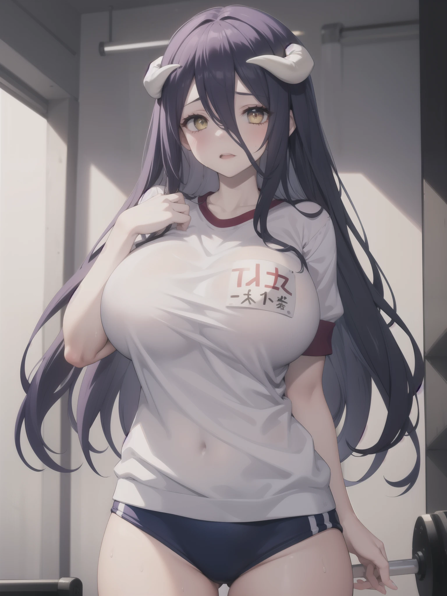 , 1girl, solo, albedo \(overlord\), 
huge breasts,,  white_horns, slit pupils, 
demon horns, 
buruma, gym uniform, sweat, short sleeves,