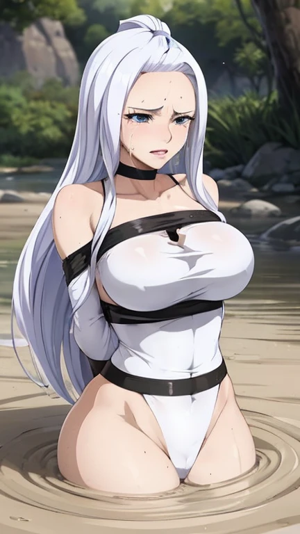 Highest Quality, ​masterpiece, beautifully detailed eyes, large breasts, makeup, glossy lips, full lips, scared, (tears, crying), (quicksand:1.3), Mirajane, Mirajane is nude, Mirajane has big ass, Mirajane has large breast, (tape gag), (tape bound), (arms bound), partially submerged