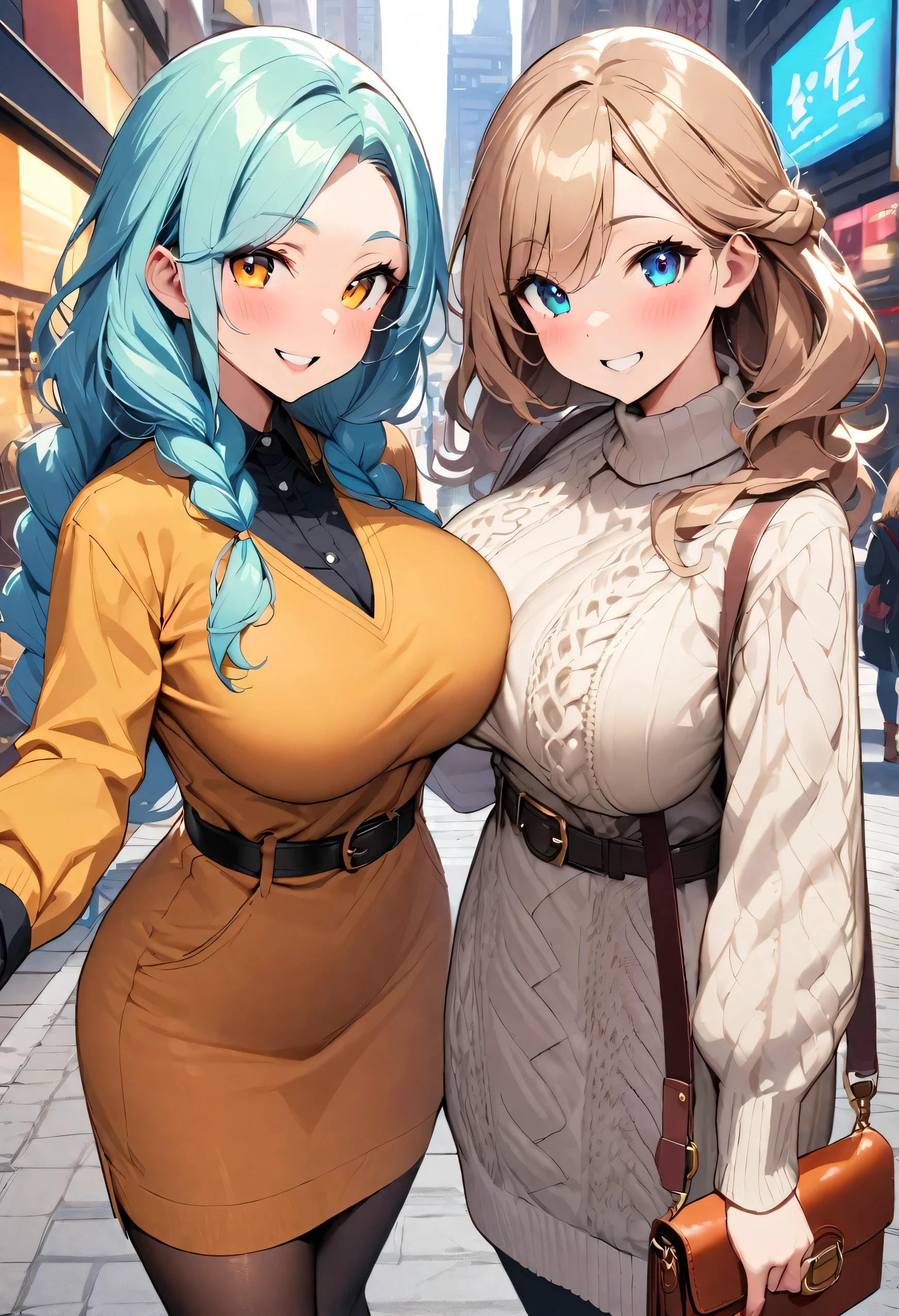 highest quality、High resolution、Detailed Background、Beautiful face in every detail、Anatomically correct、Detailed eyes、Beautiful women in their 30s、Huge breasts、Cute hair colour、Braided long hair、Wavy Hairstyle、well-groomed eyebrows、Business district、Do cute things、(Two beautiful women looking at you with big smiles:1.5)、Smiling、Ladylike knitted dress style、Choose a midi-length knit dress、Wear a long wool cardigan on top and a belt around the waist to accentuate the silhouette.、Pair your feet with tall boots or loafers and accentuate your look with a small clutch bag.