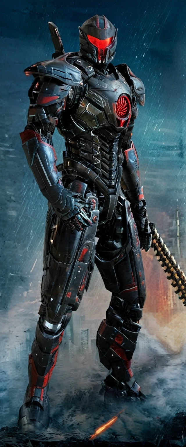 a 29 year old man, wearing full plate robotic armor and a mask that covers the entire face without exception, full black armor and mask with red lines, wearing shoulder guards that can shoot small missiles, futuristic equipment, carrying a sword on his back.  walking while preparing to take out his sword with a gaze from behind the mask that was so sharp.