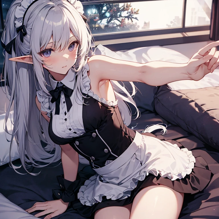 A maids, (in bedroom), various hair styles, night, details face, short skirt, seducing, sleeveless, maid uniform, armpits, elf, laying on bed