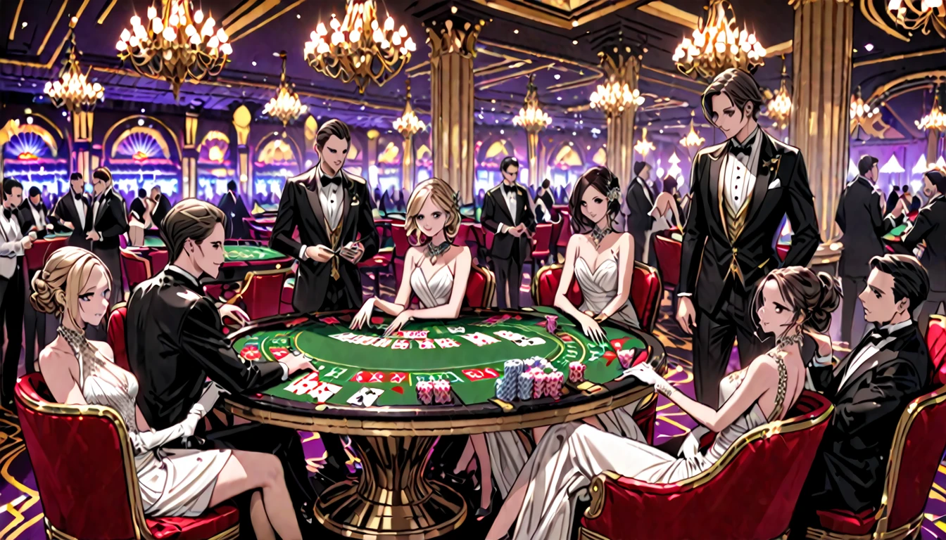 Anime style art of a luxurious casino with people playing in the background 