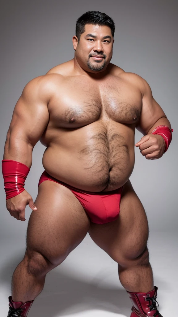 black hair, middle-aged man, individual, male, Muscular wrestler, muscular, Stout wrestler, Asian, Japanese, uncle, 55 year old middle-aged man, short hair, short hair, red wrestling boots, full body portrait, shadow, Vision, red briefs, obesity, 45 years old, short beard, middle-aged man, tattoo, fingerless gloves, Wheat skin, shiny skin, dark skin, Show your pectoral muscles, sumo wrestler, bodybuilder, wide temples, Visible abdominal muscles, Smile, Fine hands, solid color background, pure white background, Surrealism, Panorama, 8k, super detail,