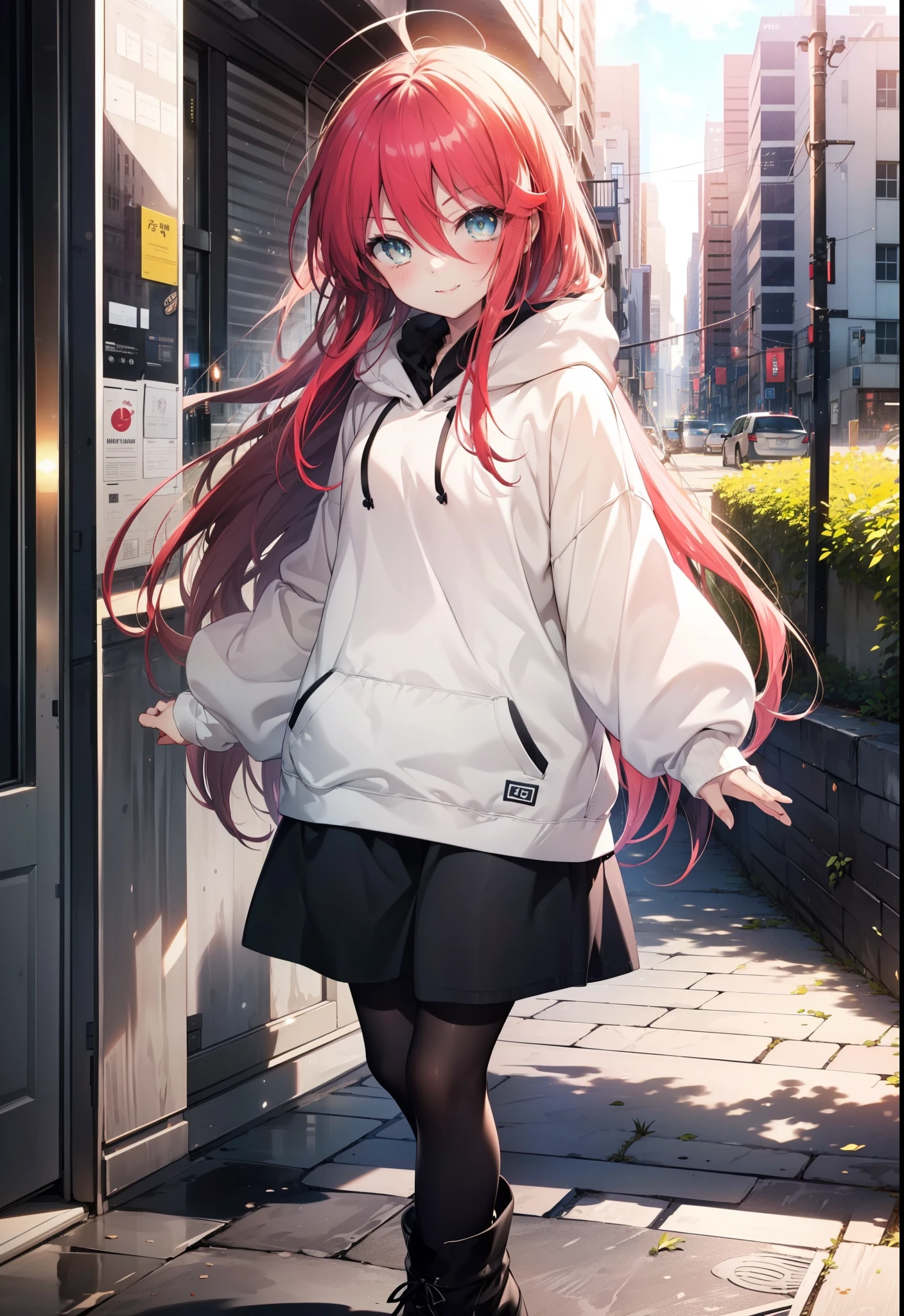 Shana,灼眼のShana,Ahoge,Long Hair,Black, Iris, Small breasts,happy smile, smile, Close your mouth,blush,Oversized hoodie,Black long skirt,Black pantyhose,short boots,walking,morning,morning陽,The sun is rising,whole bodyがイラストに入るように,
break looking at viewer, whole body, 
break outdoors, Building district,
break (masterpiece:1.2), highest quality, High resolution, unity 8k wallpaper, (shape:0.8), (Beautiful and beautiful eyes:1.6), Highly detailed face, Perfect lighting, Highly detailed CG, (Perfect hands, Perfect Anatomy),