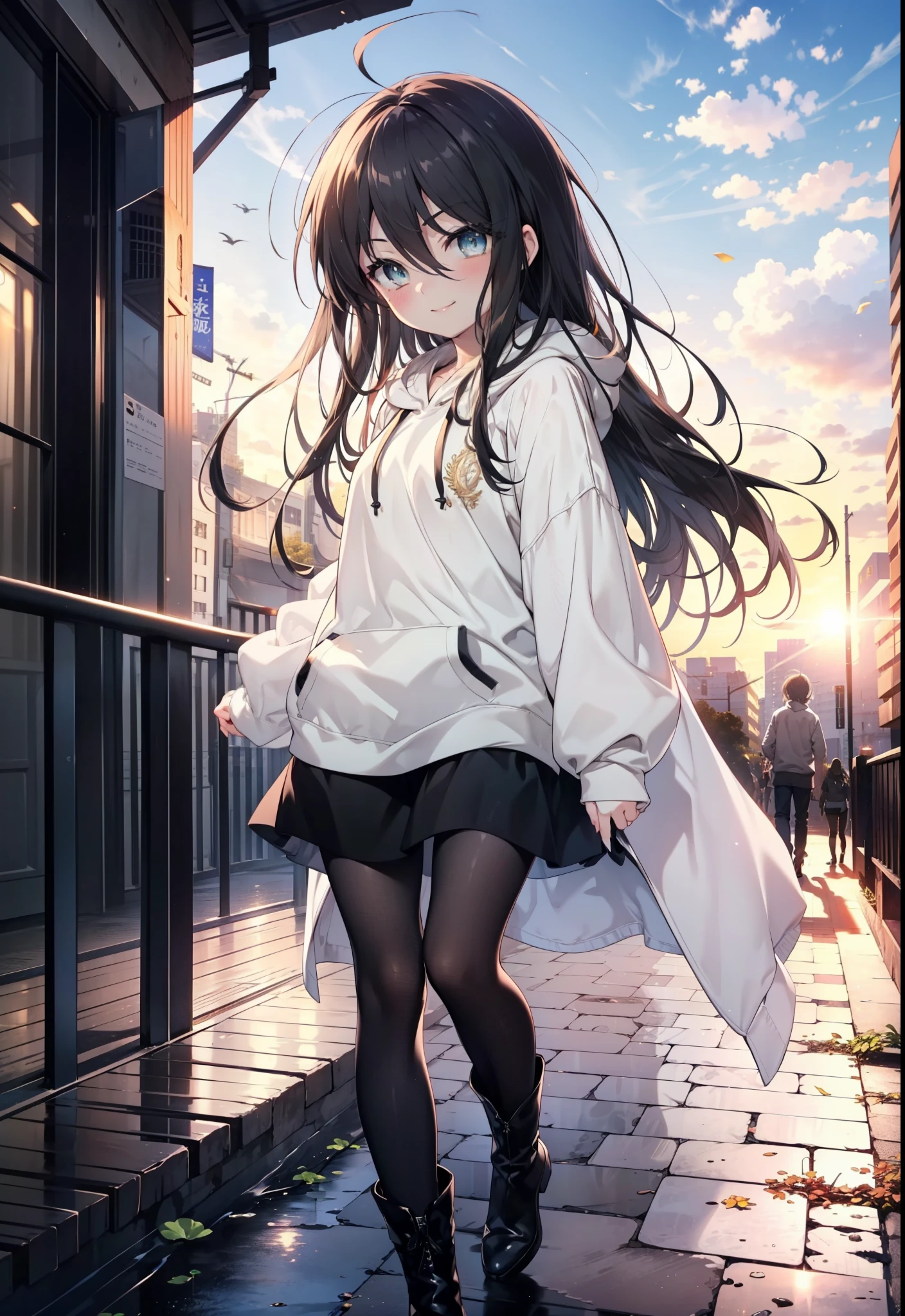 Shana,灼眼のShana,Ahoge,Long Hair,Black, Iris, Small breasts,happy smile, smile, Close your mouth,blush,Oversized hoodie,Black long skirt,Black pantyhose,short boots,walking,morning,morning陽,The sun is rising,whole bodyがイラストに入るように,
break looking at viewer, whole body, 
break outdoors, Building district,
break (masterpiece:1.2), highest quality, High resolution, unity 8k wallpaper, (shape:0.8), (Beautiful and beautiful eyes:1.6), Highly detailed face, Perfect lighting, Highly detailed CG, (Perfect hands, Perfect Anatomy),