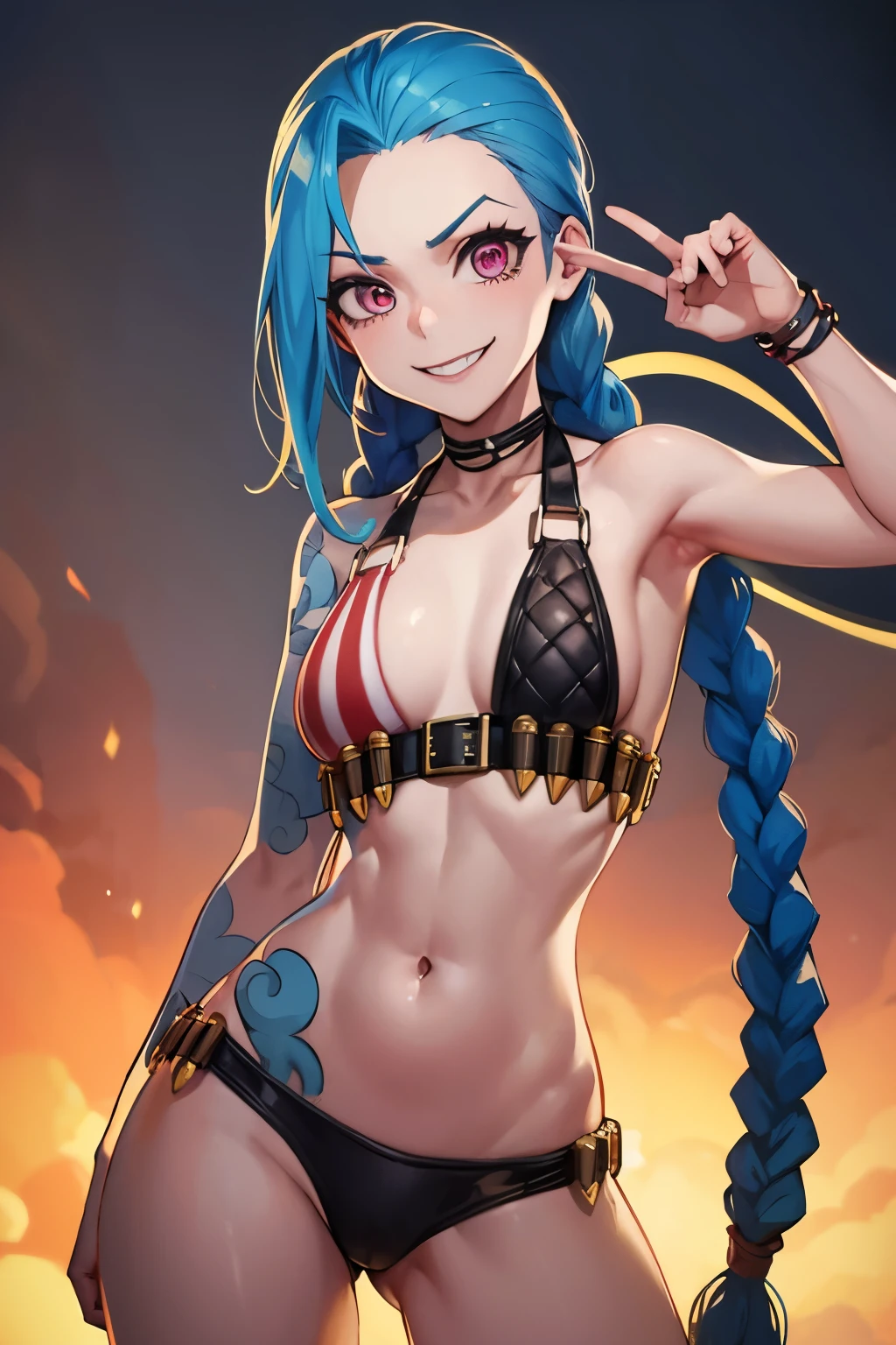 jinx, cuerpo completo, bikini sin top ,blue hair braided , fondo multicolor, pose sexy, crazy smile , menacing face , ojos definidos, cuerpo definido, 8k extremadamente detallado
