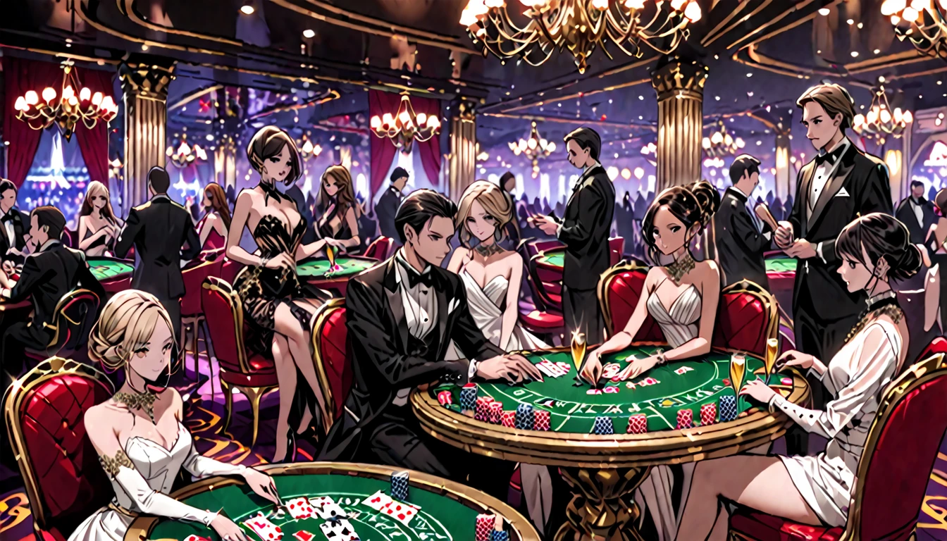 luxurious casino, elegant, opulent, card table, rich people, people playing cards, croupier dealing cards, sitting, champagne, intimate atmosphere, decadent atmosphere