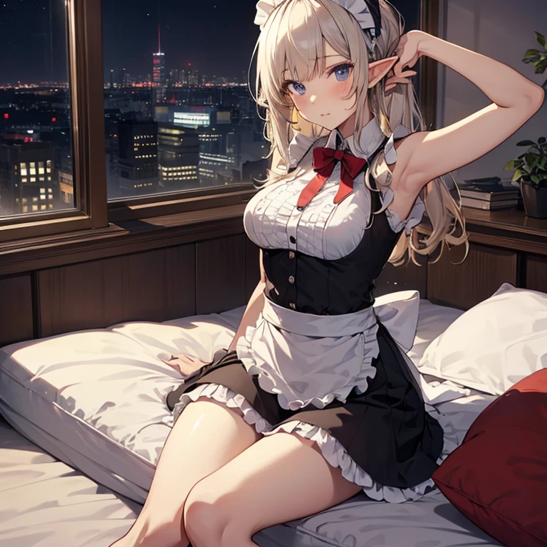 A maids, (in bedroom), various hair styles, night, details face, short skirt, seducing, sleeveless, maid uniform, armpits, elf, laying on bed