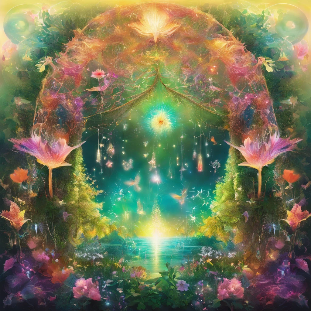 Crie uma imagem com o seguinte comando: Quantum Entanglement Garden Prompt:Create a visually stunning image depicting a garden where quantum mechanics and nature intertwine. In the center, feature a large, ethereal flower with petals made of light, constantly shifting in color and form due to quantum entanglement. Around this flower, other plants should have elements that blur the line between solid and ethereal, with parts phasing in and out of visibility. The garden is bathed in a soft, luminescent glow, with floating particles and energy waves visible in the air. Include intricate details of quantum phenomena, like particles appearing and disappearing, and entangled vines that change color when observed. The scene should evoke a sense of awe and mystery, capturing the beauty of the quantum world.
