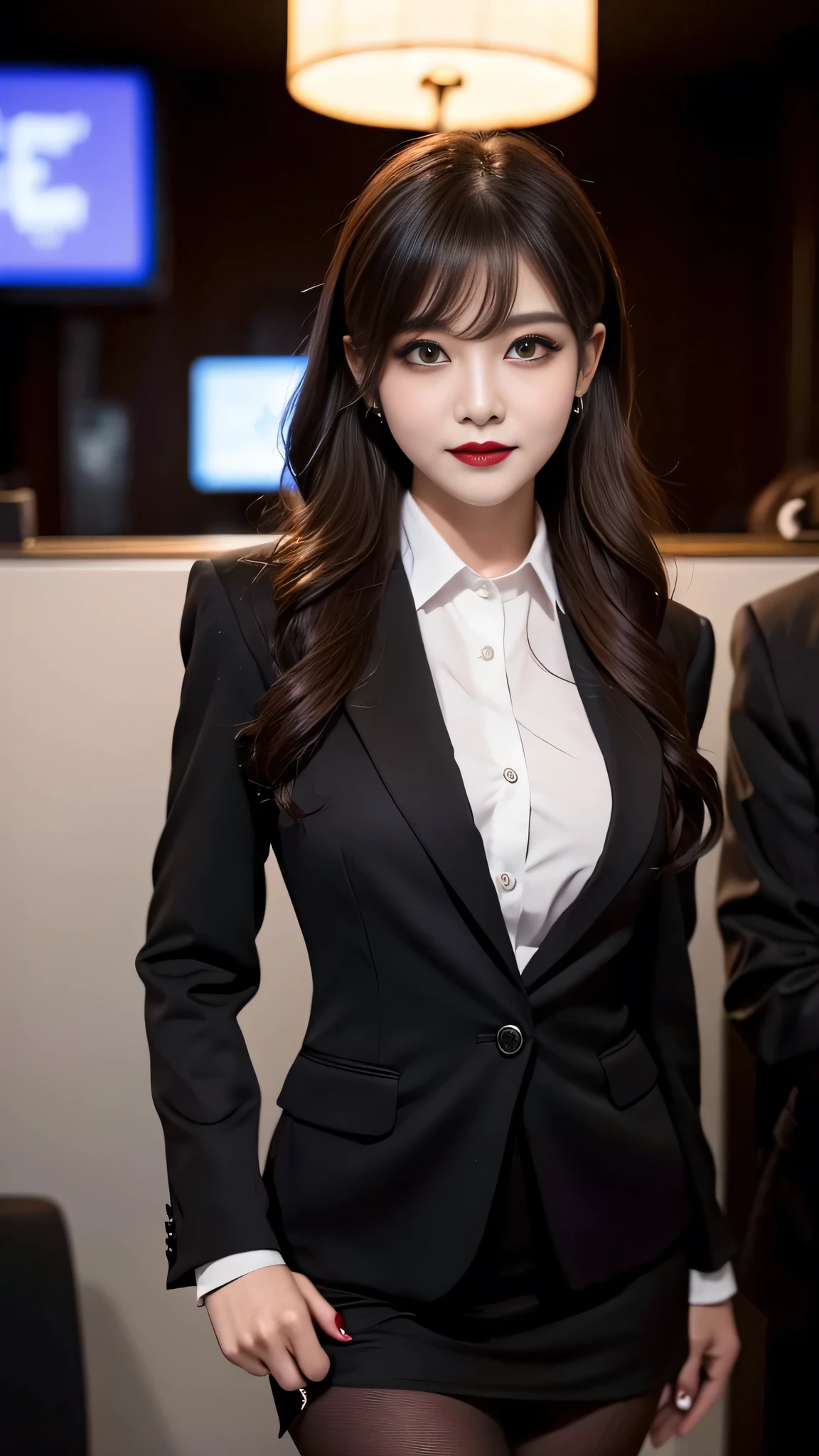 best quality、ultra-detailed、4k、Japanese、Seductive beauty、seductive adult woman、Pretty Woman、cool girl、Villainess、Brainwashed、brainwash、Fallen into evil、smirk、Evil look、Wicked Smile、evil、Brown hair、wavy hair、swept bangs、dark makeup、dark makeup、piercing eyes、hollow eyes,half-closed eyes、Hollow Eyes、purple Eyeshadow、black lipstick、black lipglos、office staff suit、suit、Jacket、Black sleeves、White Shirt、Black Ribbon、Tight Skirt、pantyhose、night、inside darkroom、Are standing、shoot from below、Have lipstick、Are standing、Look、Crest of Darkness、Swear allegiance、I have pledged my allegiance、Dye black、Blackening、Stained with evil、Dyed in darkness、Seduce