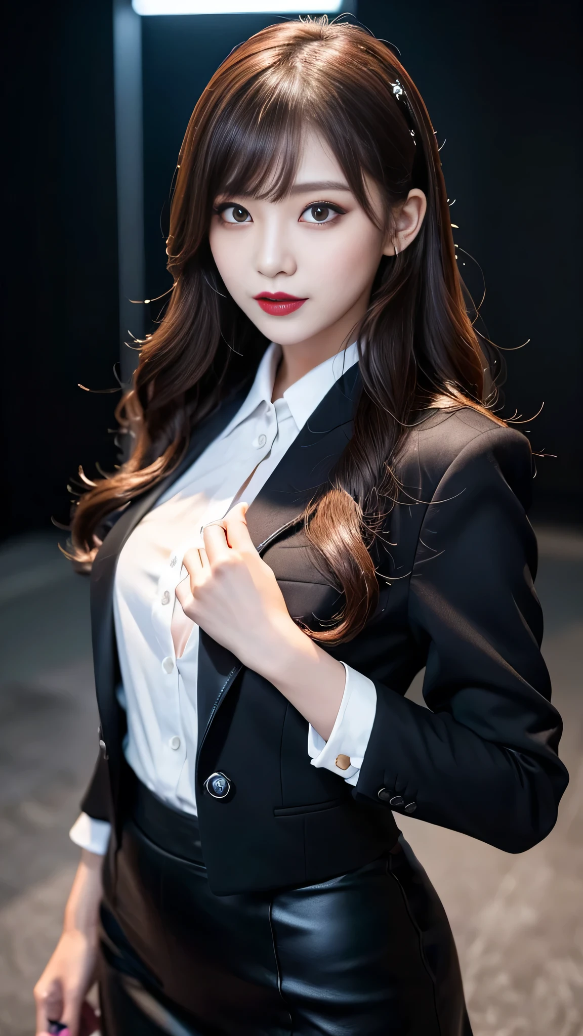 best quality、ultra-detailed、4k、Japanese、Seductive beauty、seductive adult woman、Pretty Woman、cool girl、Villainess、Brainwashed、brainwash、Fallen into evil、smirk、Evil look、Wicked Smile、evil、Brown hair、wavy hair、swept bangs、dark makeup、dark makeup、piercing eyes、hollow eyes,half-closed eyes、Hollow Eyes、purple Eyeshadow、black lipstick、black lipglos、office staff suit、suit、Jacket、Black sleeves、White Shirt、Black Ribbon、Tight Skirt、pantyhose、night、inside darkroom、Are standing、shoot from below、Have lipstick、Are standing、Look、Crest of Darkness、Swear allegiance、I have pledged my allegiance、Dye black、Blackening、Stained with evil、Dyed in darkness、Seduce