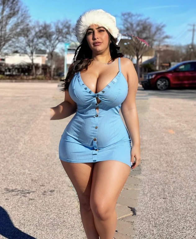 Light blue deep v neck dress, short dress, curvy, medium size saggy breasts, curvy, cleavage fully exposed, Arab skin color, curvy thighs, large cleavage, thighs exposed, open more buttons, full thighs exposed