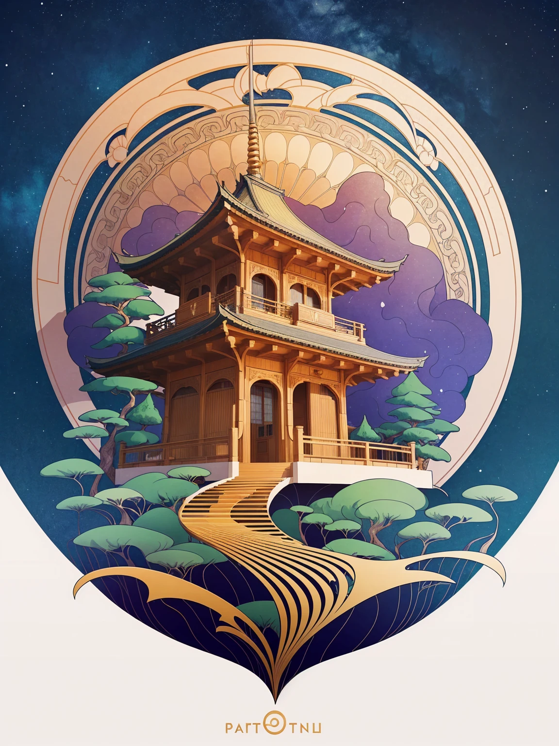 ((Art Nouveau Style)); beautiful flat-style logo design depicting Japanese Pagoda; full moon; nighttime; Japanese pine trees; serene; symmetrical with thick lines, Fibonacci, golden ratio, 3D metal structure tessellation, neural graphic, neurons, color, love, passion, incredibly detailed, 8k, masterpiece, artstation, surreal; creative flat-style logo design, trending on dribbble, featured on behance, portfolio piece, minimal flat design, breathtaking graphic design, 8k, high resolution vector logo, plain background, amazingly beautiful logo design, winner of best logo award