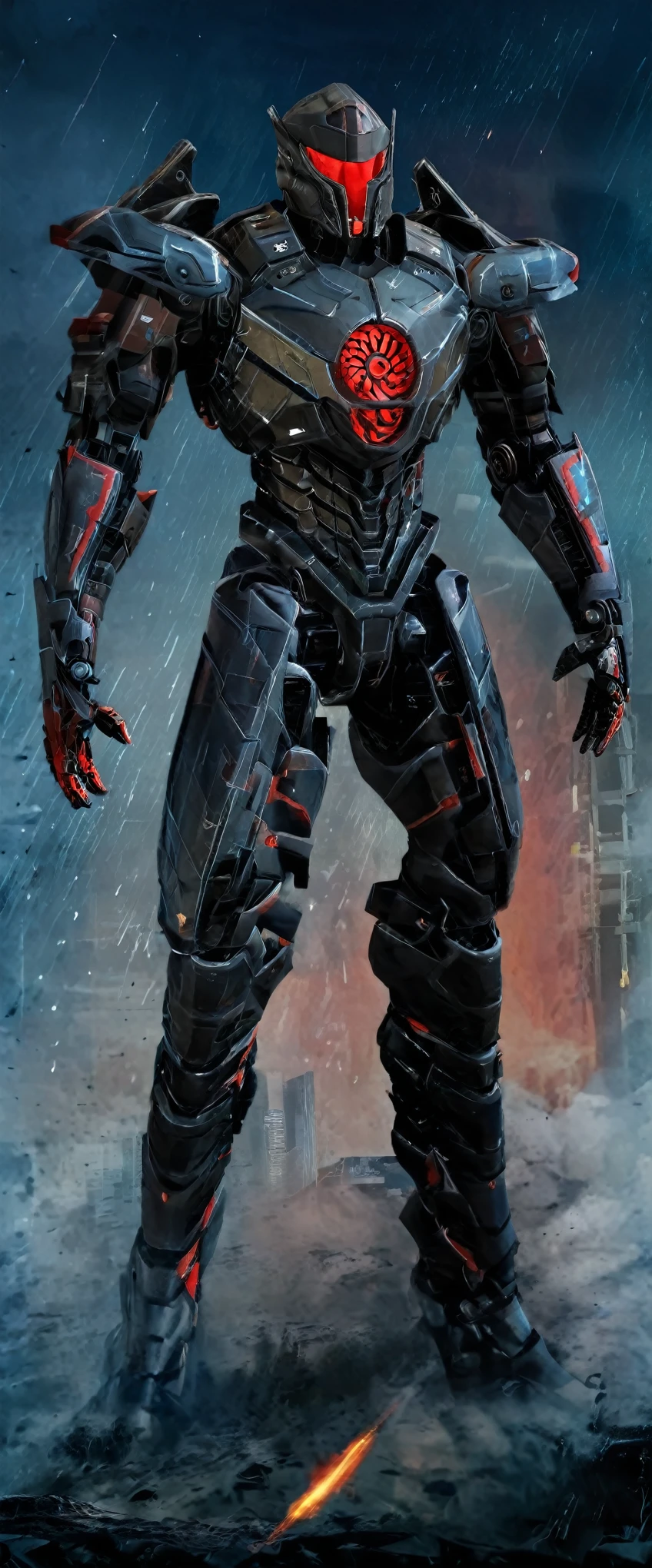 a 29 year old man, wearing full plate robotic armor and a mask that covers the entire face without exception, full black armor and mask with red lines, wearing shoulder guards that can shoot small missiles, futuristic equipment, plasma chainsaw at both lower hand armor, walking with a gaze from behind the mask that was so sharp.