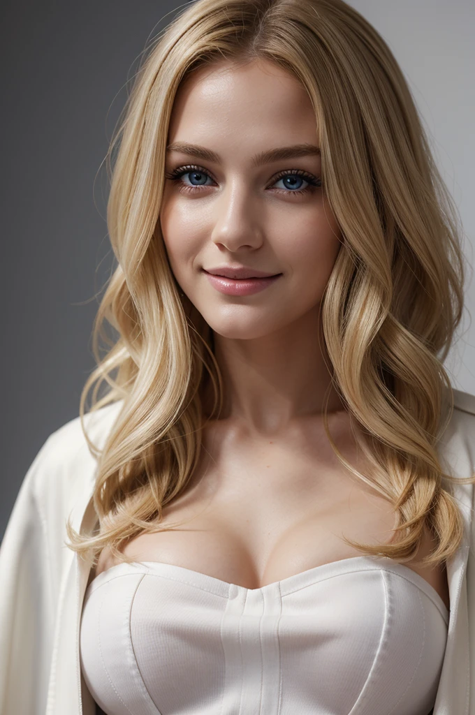 masterpiece, best quality, extremely detailed, hyperrealistic, photorealistic, a beautiful 20s french model, white background:1.1, lying, navy coat:1.2, t-shirt, ultra detailed face, wavy hair, blonde hair, pale skin, busty breasts, smiling