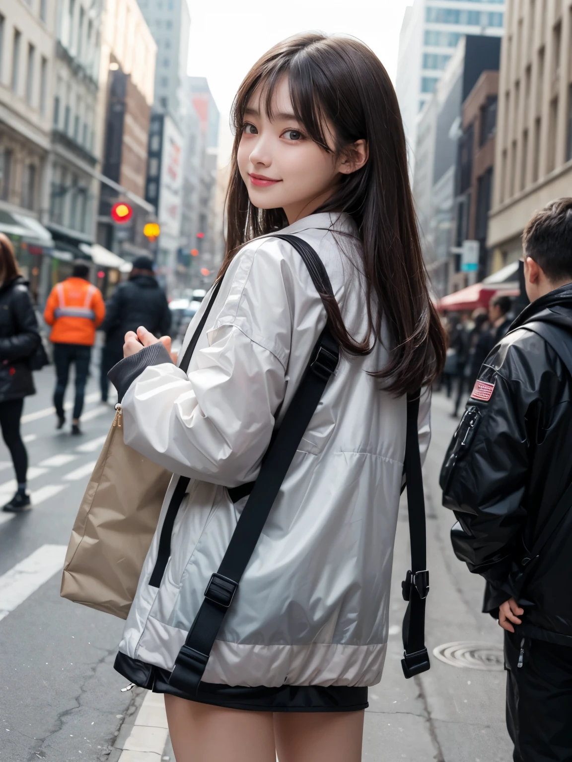 8k,One girl, Food, alone, Spacesuit,Brown long hair、See-through bangs、Jacket, bag, Blurred, coat, gray_eye, Blurred_background, Backpack, zipper, Urban Tech Wear,Toothy smile