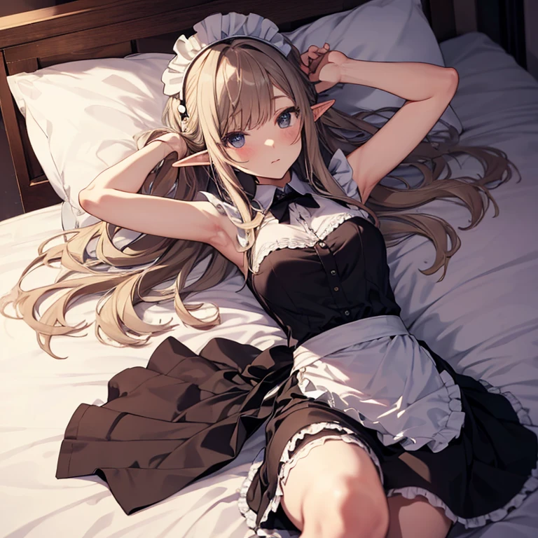 A maids, (in bedroom), various hair styles, night, details face, short skirt, seducing, sleeveless, maid uniform, armpits, elf, laying on bed