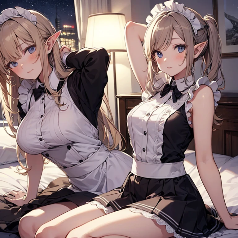 A maids, (in bedroom), various hair styles, night, details face, short skirt, seducing, sleeveless, maid uniform, armpits, elf, laying on bed