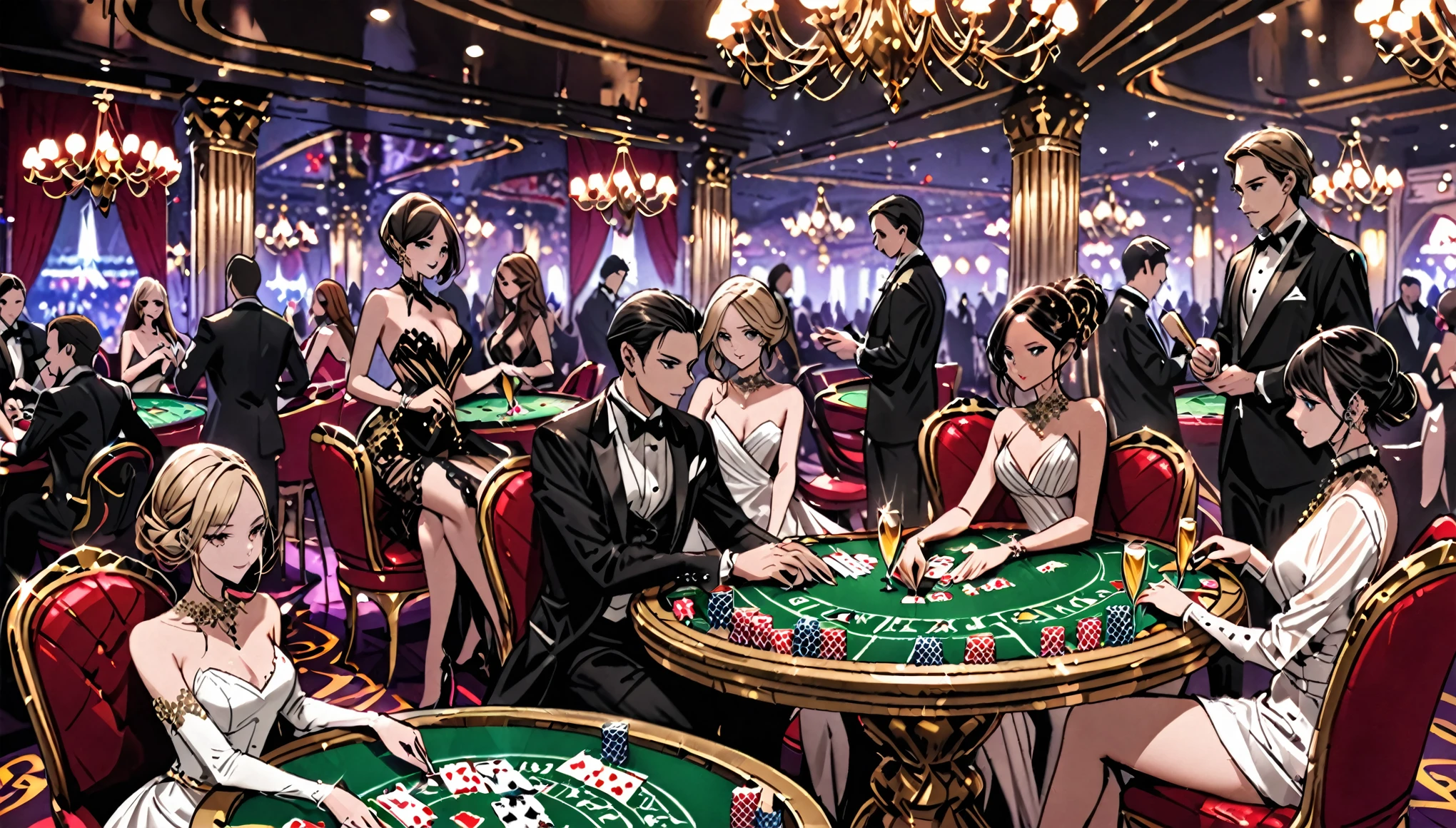 luxurious casino, elegant, opulent, card table, rich people, people playing cards, croupier dealing cards, sitting, champagne, intimate atmosphere, decadent atmosphere