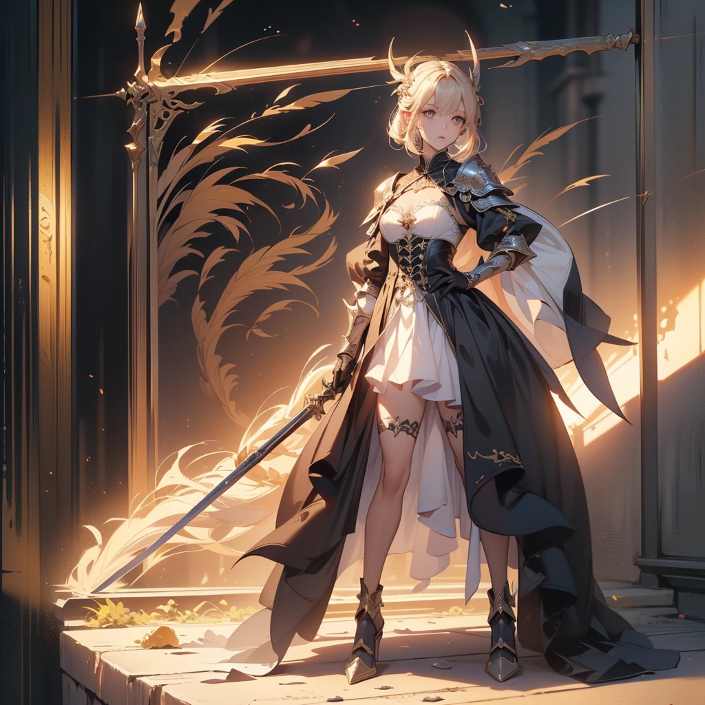 (((masterpiece, best quality, high detailed, 8k))) Design a layout showcase Gaming character, (1girl). Black dragon armor, extremely detailed, stylish and unique. ((showcase weapon:1.4)), shield and sword, with a black fire aura. (masterpiece:1.2), (best quality), 4k, ultra-detailed. (Step by step design, layout art:1.5), (luminous lighting, atmospheric lighting). dragon warrior, ((glove full hands)), (((revealing clothes:1.3))), vambraces, armored legwear, (((full_body_shot:1.4))). {In a fiery battlefield}