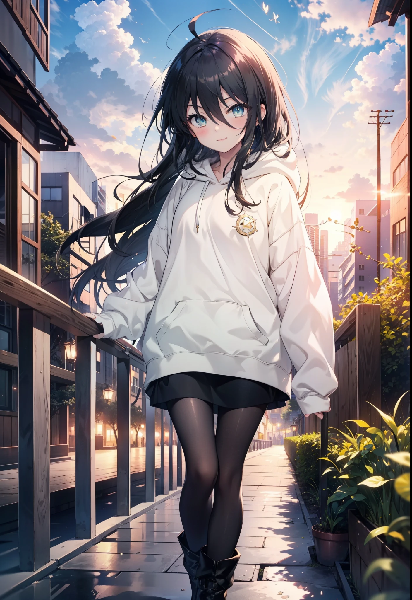 Shana,灼眼のShana,Ahoge,Long Hair,Black, Iris, Small breasts,happy smile, smile, Close your mouth,blush,Oversized hoodie,Black long skirt,Black pantyhose,short boots,walking,morning,morning陽,The sun is rising,whole bodyがイラストに入るように,
break looking at viewer, whole body, 
break outdoors, Building district,
break (masterpiece:1.2), highest quality, High resolution, unity 8k wallpaper, (shape:0.8), (Beautiful and beautiful eyes:1.6), Highly detailed face, Perfect lighting, Highly detailed CG, (Perfect hands, Perfect Anatomy),