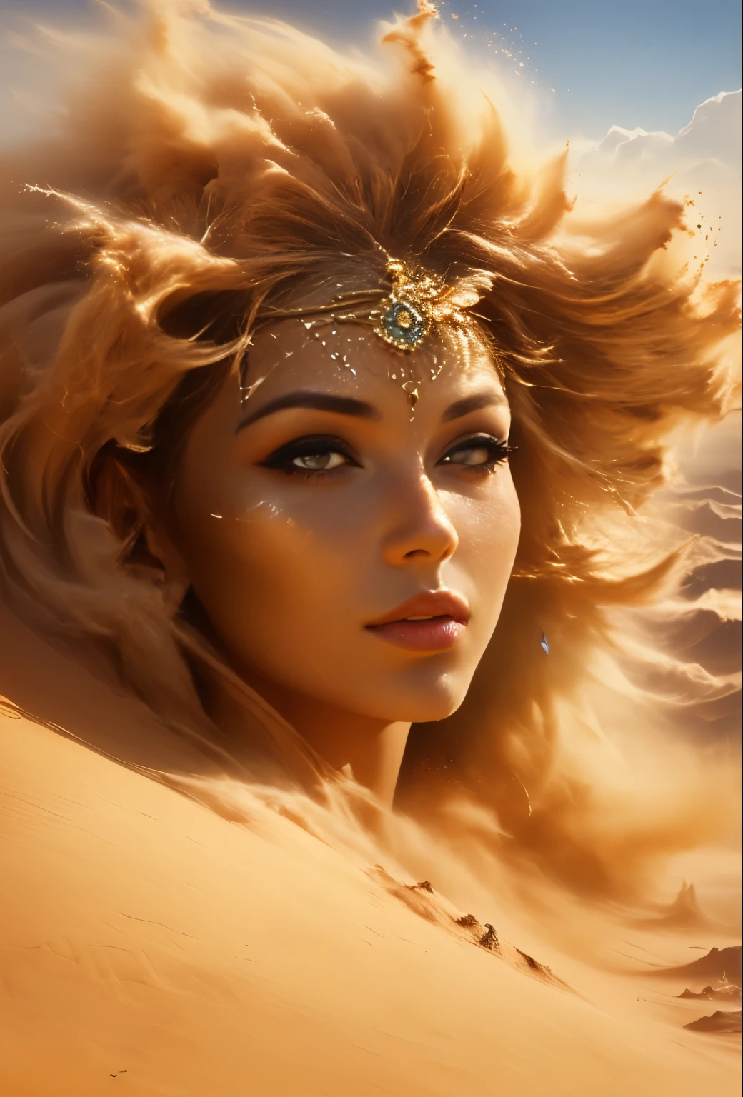 arafed woman with gold paint and a headdress in the desert, karol bak uhd, sand desert fantasy, full of sand and glitter, beautiful digital artwork, stunning digital painting, karol bak and peter mohrbacher, a stunning portrait of a goddess, golden bodypaint, gorgeous digital painting, gold bodypaint, beautiful fantasy art portrait, covered in sand