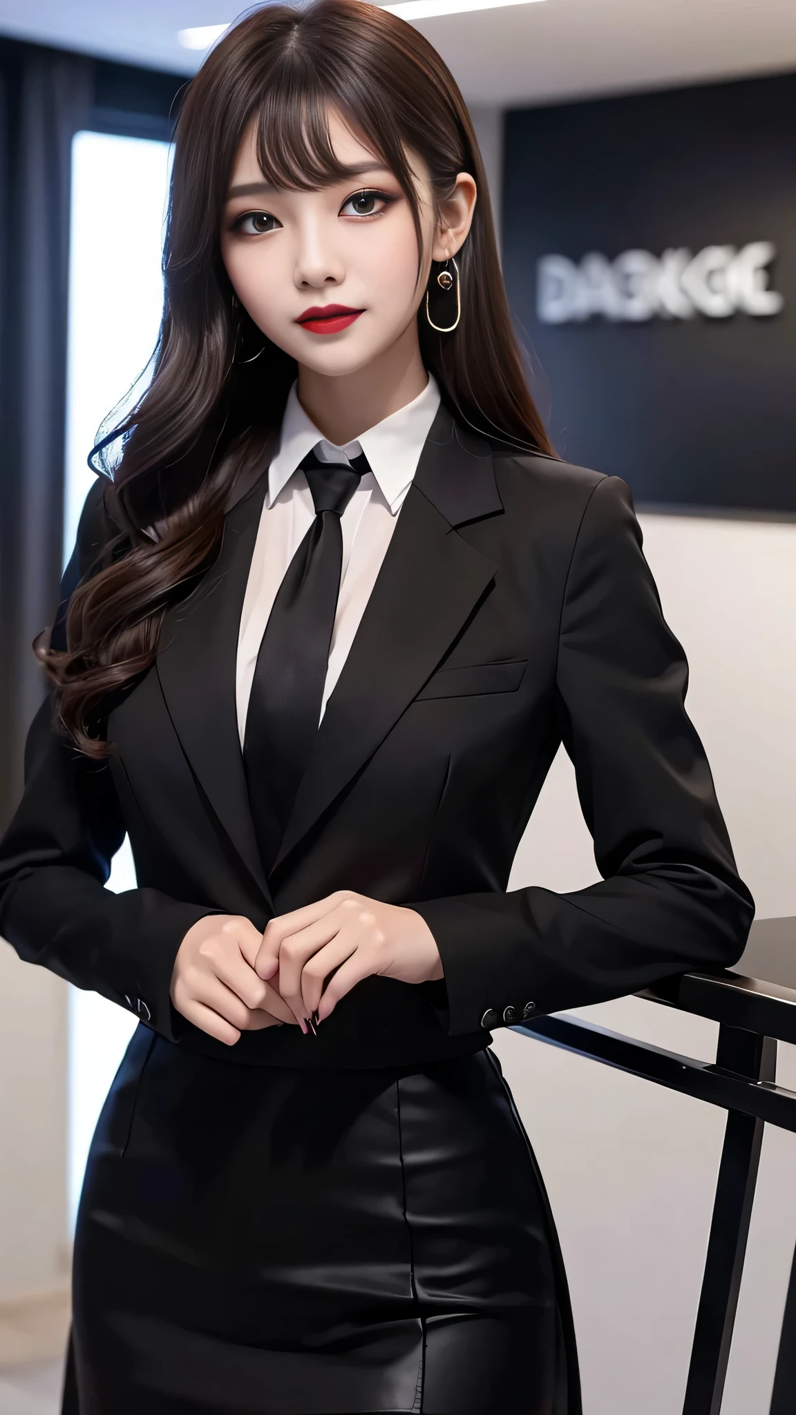 best quality、ultra-detailed、4k、Japanese、Seductive beauty、seductive adult woman、Pretty Woman、cool girl、Villainess、Brainwashed、brainwash、Fallen into evil、smirk、Evil look、Wicked Smile、evil、Brown hair、wavy hair、swept bangs、dark makeup、dark makeup、piercing eyes、hollow eyes,half-closed eyes、Hollow Eyes、purple Eyeshadow、black lipstick、black lipglos、office staff suit、suit、Jacket、Black sleeves、White Shirt、Black Ribbon、Tight Skirt、pantyhose、night、inside darkroom、Are standing、shoot from below、Have lipstick、Are standing、Look、Crest of Darkness、Swear allegiance、I have pledged my allegiance、Dye black、Blackening、Stained with evil、Dyed in darkness、Seduce