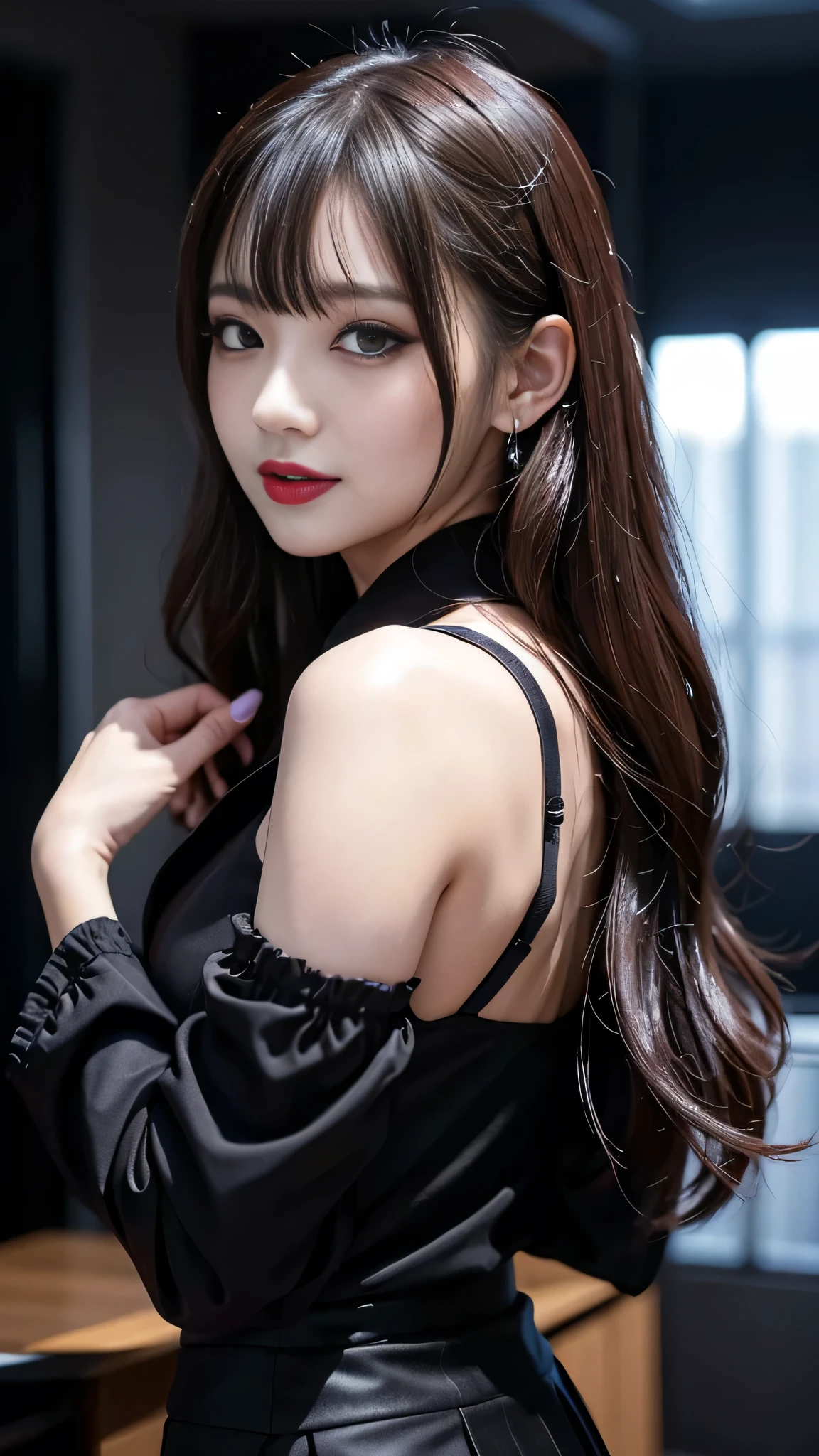 best quality、ultra-detailed、4k、Japanese、Seductive beauty、seductive adult woman、Pretty Woman、cool girl、Villainess、Brainwashed、brainwash、Fallen into evil、smirk、Evil look、Wicked Smile、evil、Brown hair、wavy hair、swept bangs、dark makeup、dark makeup、piercing eyes、hollow eyes,half-closed eyes、Hollow Eyes、purple Eyeshadow、black lipstick、black lipglos、office staff suit、suit、Jacket、Black sleeves、White Shirt、Black Ribbon、Tight Skirt、pantyhose、night、inside darkroom、Are standing、shoot from below、Have lipstick、Are standing、Look、Crest of Darkness、Swear allegiance、I have pledged my allegiance、Dye black、Blackening、Stained with evil、Dyed in darkness、Seduce