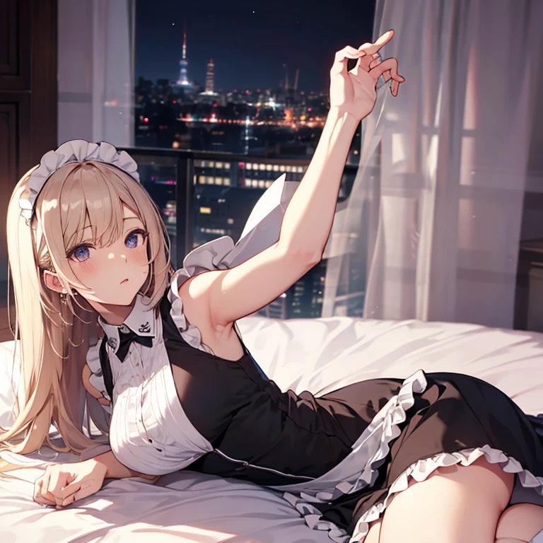 A maids, (in bedroom), various hair styles, night, details face, short skirt, seducing, sleeveless, maid uniform, armpits, laying on bed